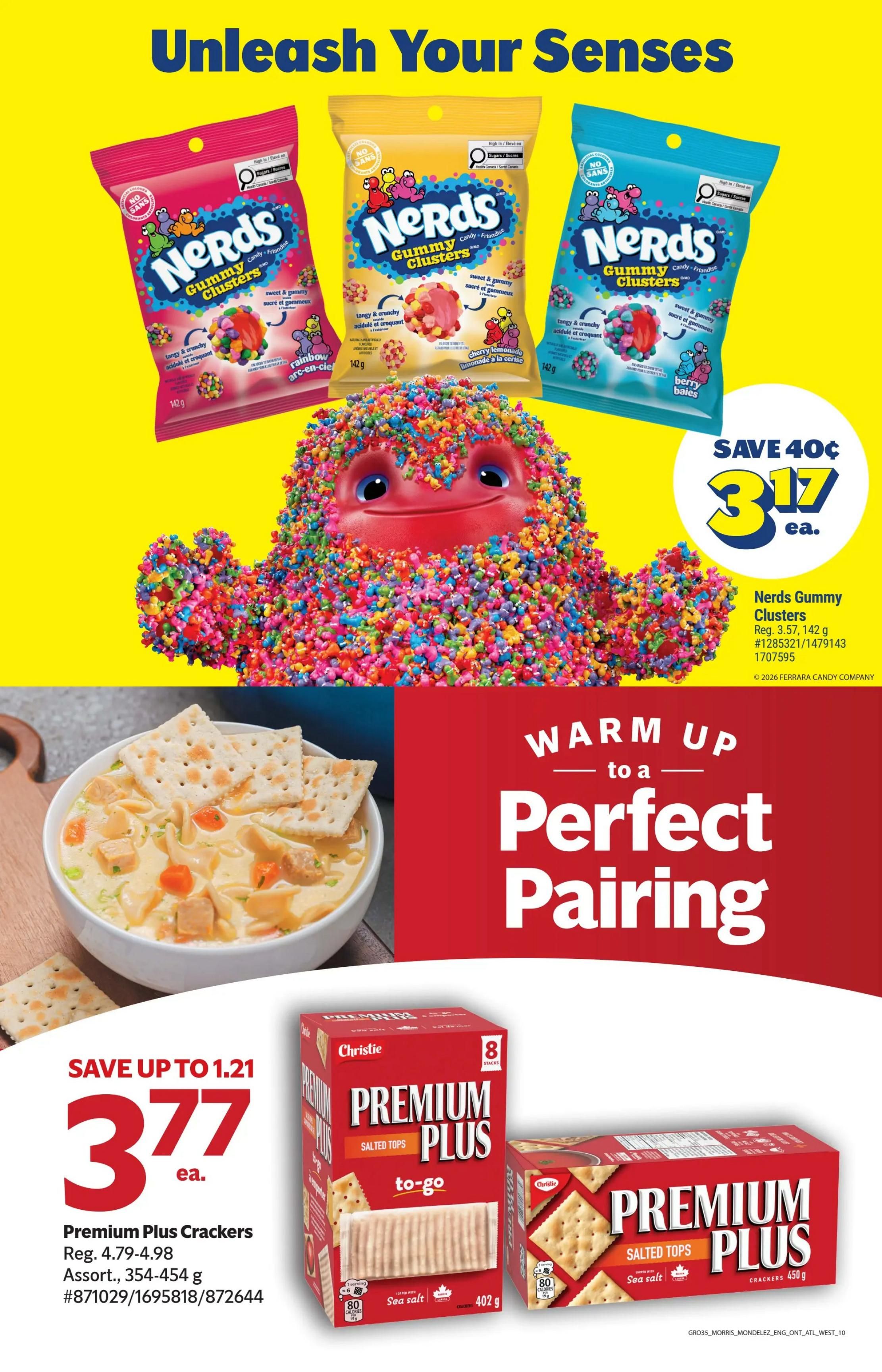 Giant Tiger weekly flyer specials page 12 features Nerds Gummy Clusters candy on sale for $3.17 each, saving 40 cents. Also featured are Christie Premium Plus Crackers, Salted Tops, to-go packs, and 450g boxes, on sale for $3.77 each, saving up to $1.21. The page also includes an image of soup with crackers, suggesting a perfect pairing.