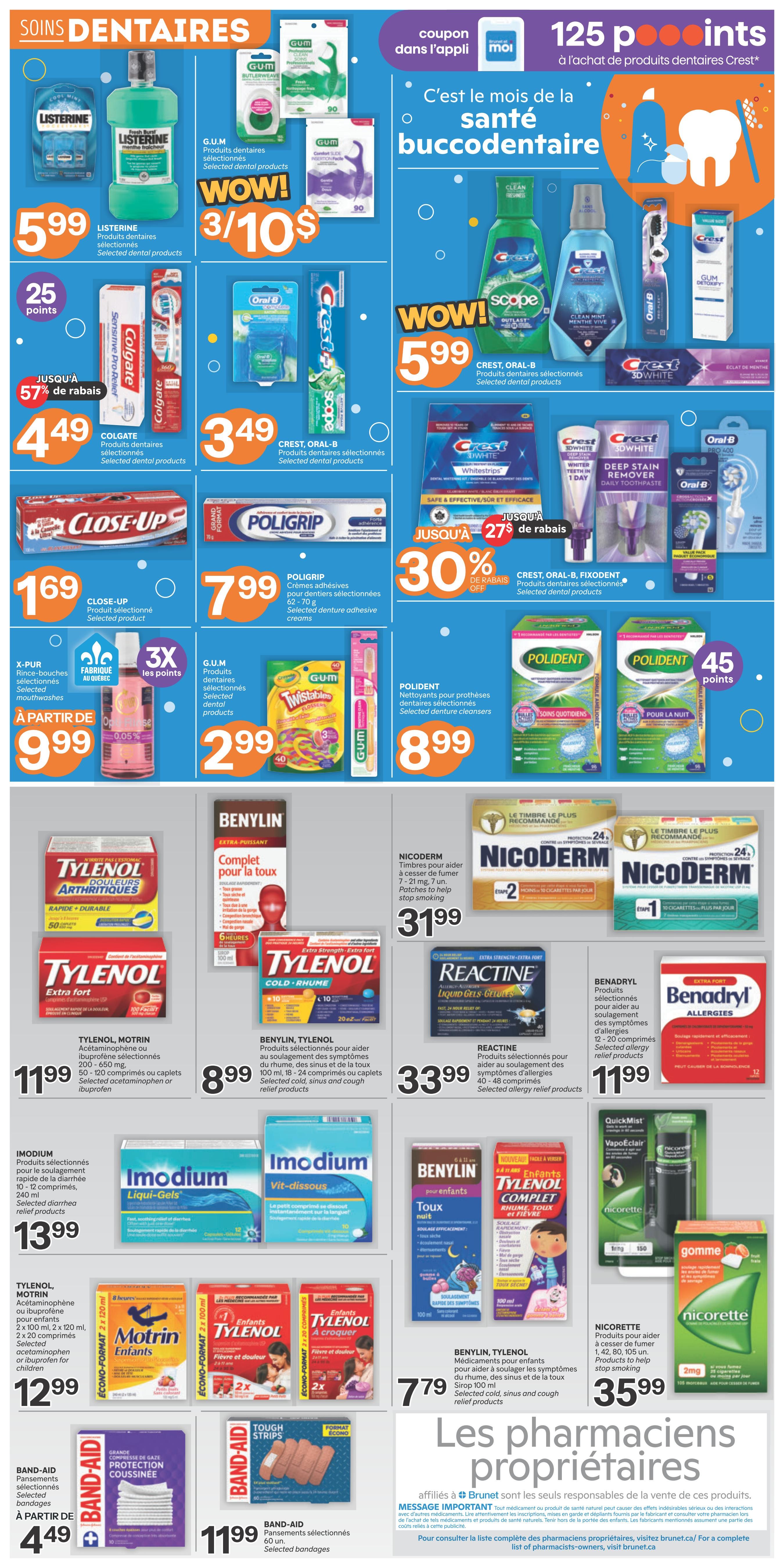 Brunet weekly flyer specials page 3, featuring dental care products and pain/cold relief. Offers include Listerine mouthwash for $5.99, Colgate selected dental products for $4.49 (up to 57% off), Crest Oral-B selected dental products for $3.49, Close-Up toothpaste for $1.69, Poligrip denture adhesive creams for $7.99, G.U.M. selected dental products for $2.99, and Polident denture cleansers for $8.99. Also featured are Crest Oral-B mouthwash and toothpaste for $5.99, Crest Oral-B Whitestrips and toothpaste for 30% off, and Crest Oral-B Fixodent selected dental products. Health products include Tylenol Arthritis Pain for $11.99, Tylenol Motrin selected acetaminophen or ibuprofen products for $11.99, Imodium selected diarrhea relief products for $13.99, Benylin Tylenol cold and cough relief products for $8.99, Nicoderm patches for $31.99, Reactine selected allergy relief products for $33.99, Benadryl allergies for $11.99, Benylin Tylenol children's cold and fever products for $7.79, and Nicorette gum for $35.99. Band-Aid adhesive bandages are available starting at $4.49 and Band-Aid Tough Strips for $11.99. This page also highlights a coupon in the app for 125 points with the purchase of Crest dental products and promotes 'It's Oral Health Month'.