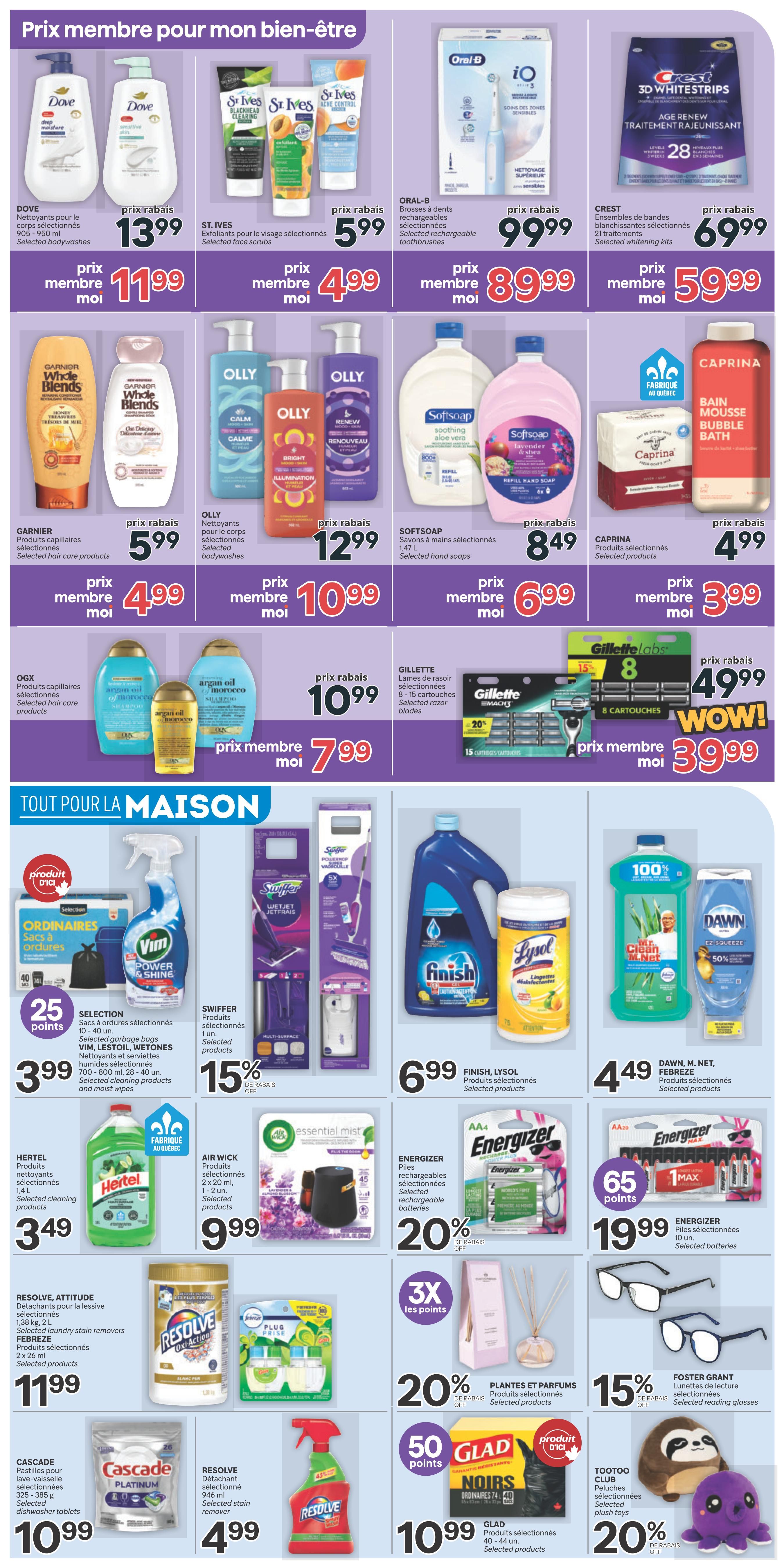 Brunet weekly flyer specials page 9 features a variety of personal care and household items. Top row includes Dove body washes for $11.99 (member price $11.99), St. Ives face scrubs for $5.99 (member price $4.99), Oral-B iO rechargeable toothbrushes for $99.99 (member price $89.99), and Crest 3D White Strips for $69.99 (member price $59.99). Second row showcases Garnier Whole Blends hair products for $5.99 (member price $4.99), Olly body washes for $12.99 (member price $10.99), Softsoap hand soaps for $8.49 (member price $6.99), and Caprina bubble bath for $4.99 (member price $3.99). Third row features OGX hair products for $10.99 (member price $7.99), Gillette razor blades for $49.99 (member price $39.99) with a 20% discount. The 'Tout Pour La Maison' section includes Vim cleaning products with 25 bonus points for $3.99, Swiffer WetJet refills at 15% off, Finish and Lysol cleaning products for $6.99, and Dawn dish soap for $4.49. Further down, Hertel cleaning products are $3.49, Air Wick air fresheners are $9.99, Energizer batteries are 20% off, and Energizer AA/AAA batteries are $19.99 with 65 bonus points. The bottom row highlights Resolve laundry stain removers for $11.99, Resolve spray cleaner for $4.99, Glade air fresheners with 50 bonus points for $10.99, and Foster Grant reading glasses at 15% off. Also featured are Tootoo Club plush toys at 20% off.