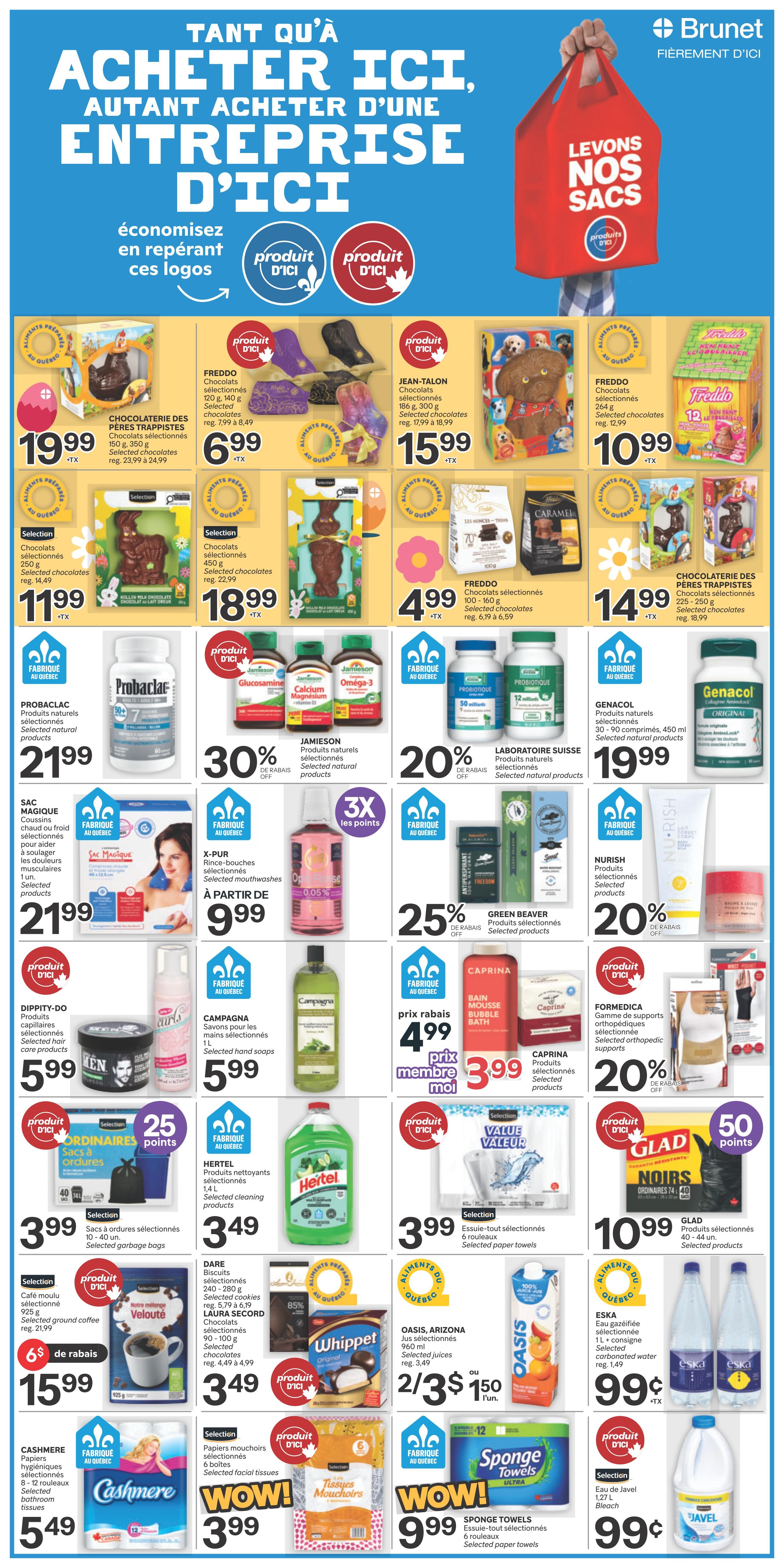 Brunet flyer page 10 featuring a variety of products on sale. Highlights include Chocolaterie des Pères Trappistes selected chocolates for $19.99, Freddo selected chocolates for $6.99, and Jean-Talon selected chocolates for $15.99. Other chocolate deals include Freddo selected chocolates for $4.99 and $14.99, and Chocolaterie des Pères Trappistes selected chocolates for $11.99. Health and wellness products are also featured: Pro-Pac selected natural products for $21.99, Jamieson selected natural products with 30% off, Genacol selected natural products for $19.99, Laboratoire Suisse selected natural products with 20% off, and Nurish selected products with 20% off. Personal care items include X-Pur selected mouthwashes starting at $9.99, Green Beaver selected products with 25% off, and Caprina bubble bath for $4.99 or $3.99 for members. Household items include Sac Magique selected cushions for $21.99, Hertel selected cleaning products for $3.49, and Glad selected paper towels for $10.99 with 50 bonus points. Also available are selected ground coffee for $15.99 with $6 off, Whippet selected chocolates for $3.49, Oasis Arizona selected juices for 2 for $3.50 or $1.50 each, Eska sparkling water for $0.99, Caprina selected paper towels for $3.99, and Javel bleach for $0.99. Cashmere selected bathroom tissues are on sale for $5.49, and WOW! selected facial tissues are $3.99. Sponge towels are on sale for $9.99.