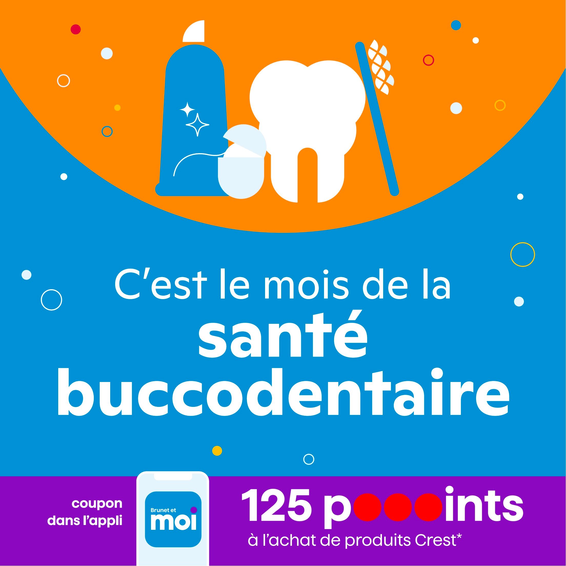 Brunet flyer page 11: Celebrating Dental Health Month with a special offer of 125 bonus points with the purchase of Crest products. Also features a coupon available in the Brunet et moi app. The page graphic includes a toothbrush, toothpaste, and a tooth illustration.