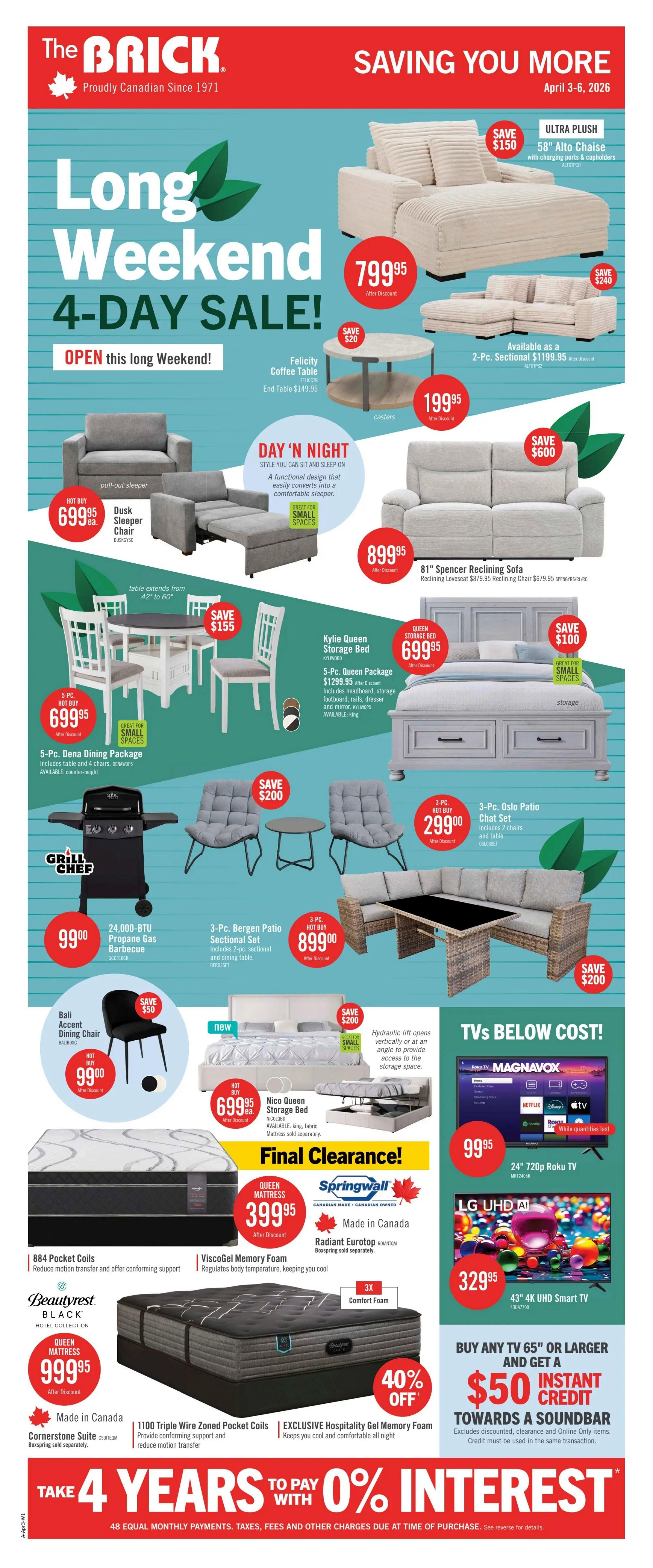 The Brick flyer page 2 features a Long Weekend 4-Day Sale with savings on furniture and electronics. Highlighted items include the 87' River Sofa for $699.95 (Save $500), 90' Atlantis Power Reclining Sofa for $1299.95 (Save $620), and a 2-Pc. Meadow Power Reclining Sectional for $1399.95 (Save $170). Dining sets are on sale, such as the Libra Dining Table for $379.95 and the Verona Round Dining Table for $369.95. Bedroom furniture includes the Dante Queen Bed for $499.95, Yorkdale Queen Storage Bed for $499.95, and Chelsea Queen Storage Bed for $799.95. Mattresses are featured with the Sealy Mykonos Eurotop for $1079.95 and a 40% off sale on Masterguard Cooltouch Mattress Protectors for $69.95. Electronics include a 32' Magnavox Roku TV for $129.95 (Save $20), a 40' Proscan Smart TV for $199.95 (Save $50), and a 50' 4K UHD Smart TV for $299.95. Other featured items are the Remedy Reclining Massage Chair for $1899.95 (Save $500), Finch Gaming Desk for $319.95 (Save $180), Hawk Gaming Chair for $239.95 (Save $10), and a 47' Reed Fireplace TV Stand for $439.95 (Save $250). Appliances include an LG 21-cu. ft. French-Door Stainless Steel Fridge for $1449.00 and Midea washers and dryers for $474.00 each. The flyer also promotes free local delivery on any 2+ Select Major Appliances.