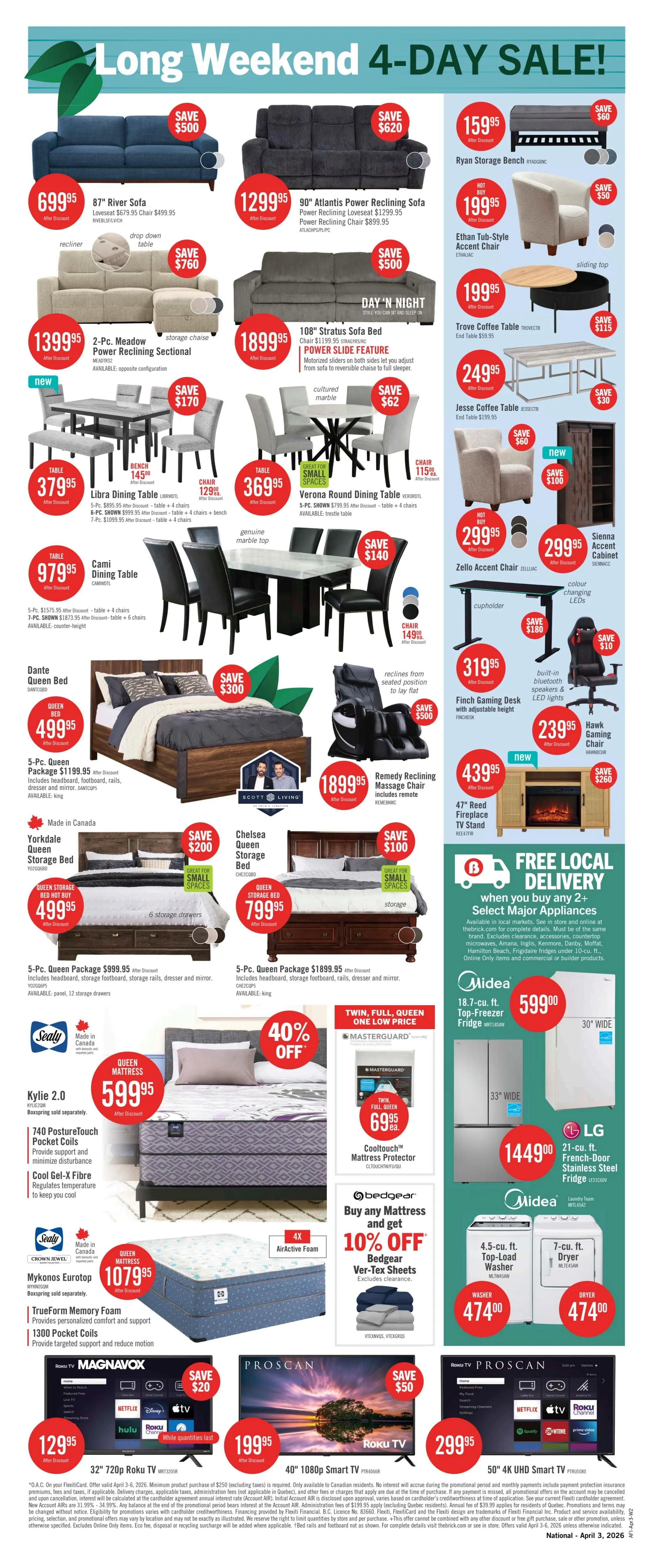 The Brick flyer page 3 features 'Spring on the Savings' with deals valid March 31 - April 16, 2026. Save up to 30% on furniture. Featured items include a 3-Pc. Miami Patio Conversation Set for $399.00, a 39,000-BTU Grill Chef Propane Gas Barbecue for $299.00, and an 88' Freeman Sofa for $899.95. Also available is a 3-Pc. Coast Sleeper Sectional with storage for $1599.95 and a 3-Pc. Valentino Genuine Leather Power Reclining Sectional for $1999.95. The Amana 19 cu. ft. Garage Ready Top-Freezer Fridge is $799.00, and a Ceran Top Range is $799.00. A Front-Control Dishwasher is $449.00. The Vega Dining Table is $764.97 (new) and chairs are $202.50 each (after 10% discount). The Arbor Queen Bed, 5-Pc. Queen Package is $287.97. Mattresses include the Queen Mattress GL2 Eurotop for $549.95 and the Queen Mattress Ashford Firm for $899.95. A '2025 Big Screen Blowout!' offers Canada's Best Prices on TVs while quantities last, featuring an LG 65' 4K UHD Smart TV for $599.95. Bundle & Save offers an additional 20% off a TV Stand or Wall Mount when you buy any TV. Get it now with 36 equal monthly payments and finance with 0% interest.