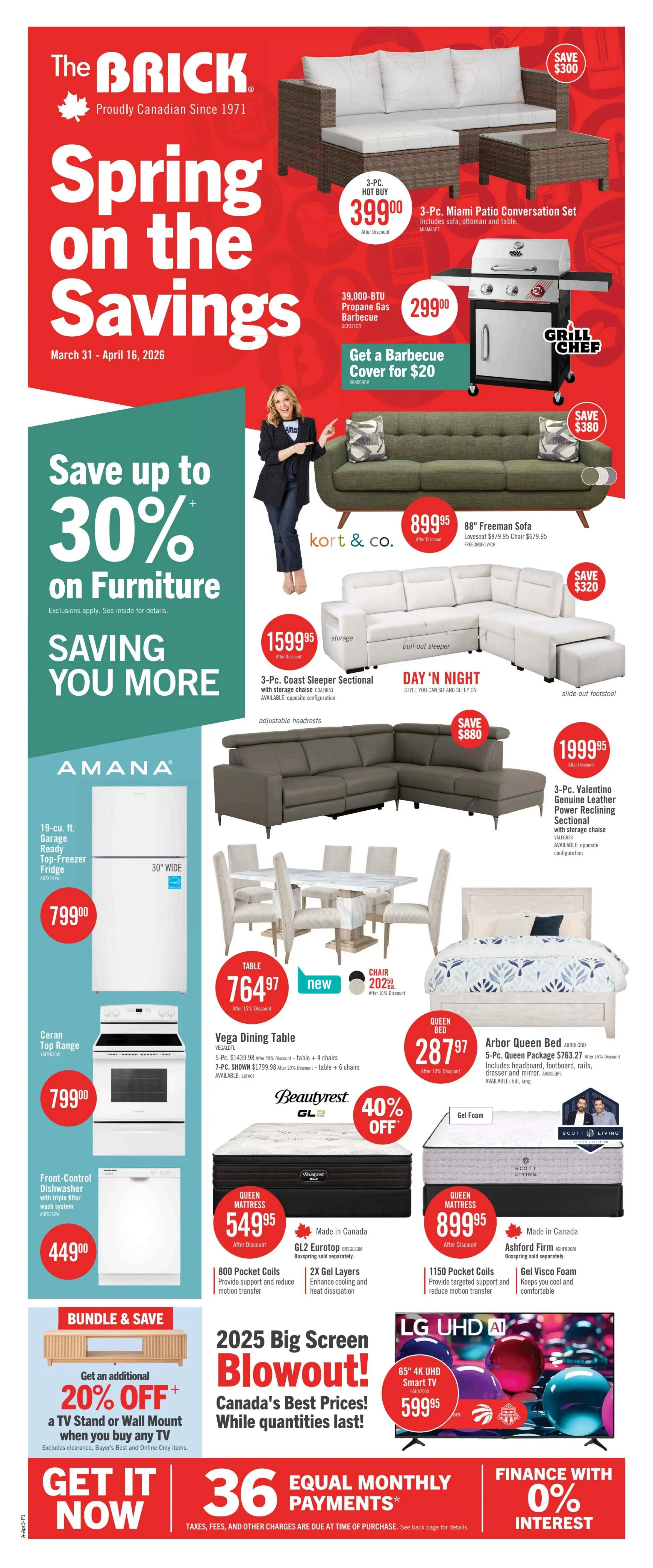 The Brick's Long Weekend 4-Day Sale flyer, April 3-6, 2026. Features a 58' Alto Chaise in Ultra Plush for $79.95 with a $150 saving. A 2-pc. sectional is available for $1199.95, saving $240. The Felicity Coffee Table is $199.95, saving $20. The Day 'n Night style pull-out sleeper chair is $699.95. A 5-pc. Odena Dining Package with table and 4 chairs is $699.95, saving $155. The 81' Spencer Reclining Sofa is $899.95, saving $600. The Kylie Queen Storage Bed package is $699.95, saving $100. A 24,000-BTU Grill Chef Propane Gas Barbecue is $99.00. The 3-Pc. Bergen Patio Sectional Set is $899.00, saving $200. The 3-Pc. Oslo Patio Chat Set is $299.00, saving $200. The Bali Accent Dining Chair is $99.00, saving $50. The new Nico Queen Storage Bed is $699.95, saving $200. A Springwall Radiant Eurotop Queen Mattress is $399.95, featuring 884 Pocket Coils and ViscoGel Memory Foam. The Beautyrest Black Hotel Collection Queen Mattress is $999.95, with 1100 Triple Wire Zoned Pocket Coils and Exclusive Hospitality Gel Memory Foam, offering 40% off. TVs are on sale: a 24' 720p Roku TV for $99.95 and a 43' 4K UHD Smart TV for $329.95. Buy any TV 65' or larger and get $50 instant credit towards a soundbar. The flyer also highlights a 'Take 4 Years to Pay with 0% Interest' offer with 48 equal monthly payments. Final clearance items are also featured.