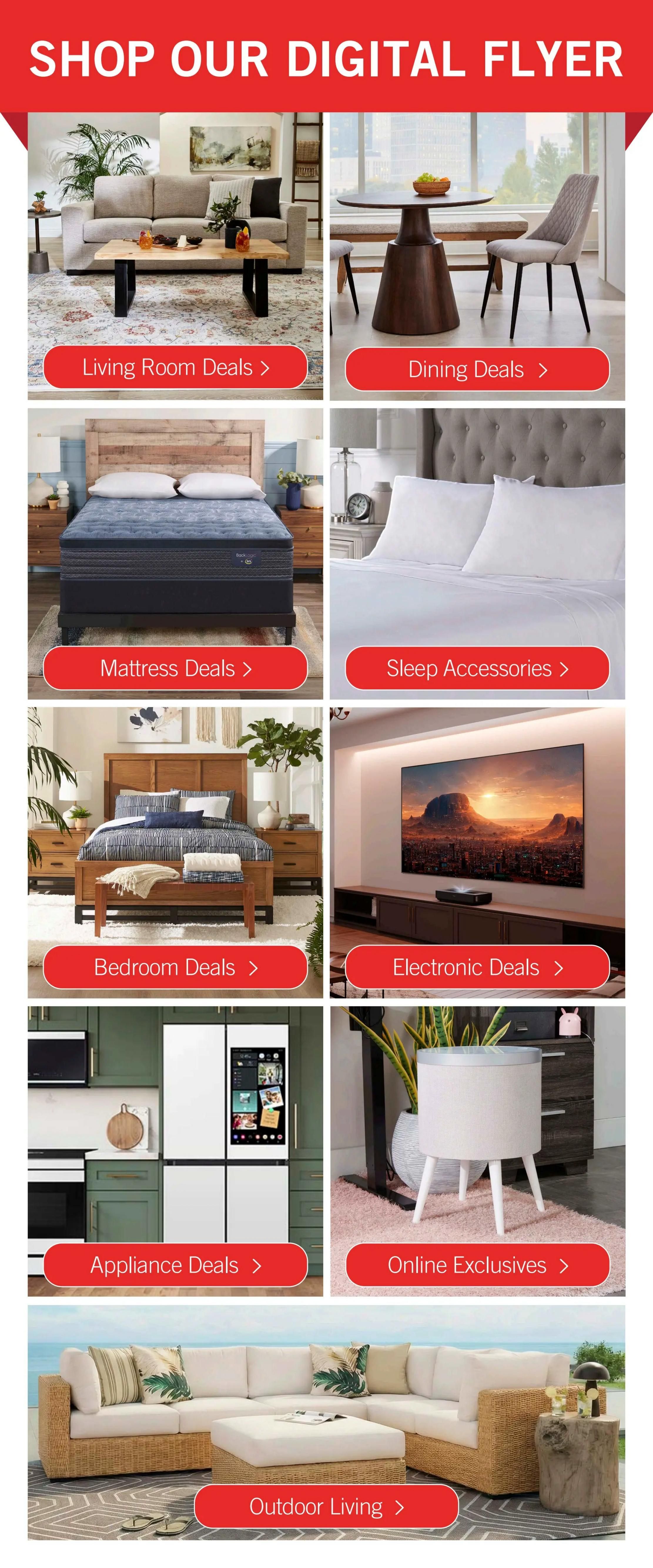 The Brick digital flyer page 4 featuring various home furnishing categories. Sections include Living Room Deals with a sofa and coffee table, Dining Deals showcasing a round dining table and chairs, Mattress Deals with a bed set, Sleep Accessories with a neatly made bed, Bedroom Deals displaying a wooden bed frame and nightstands, Electronic Deals featuring a large screen TV and media console, Appliance Deals with a modern refrigerator, Online Exclusives with a decorative stool, and Outdoor Living with a sectional patio sofa and ottoman.