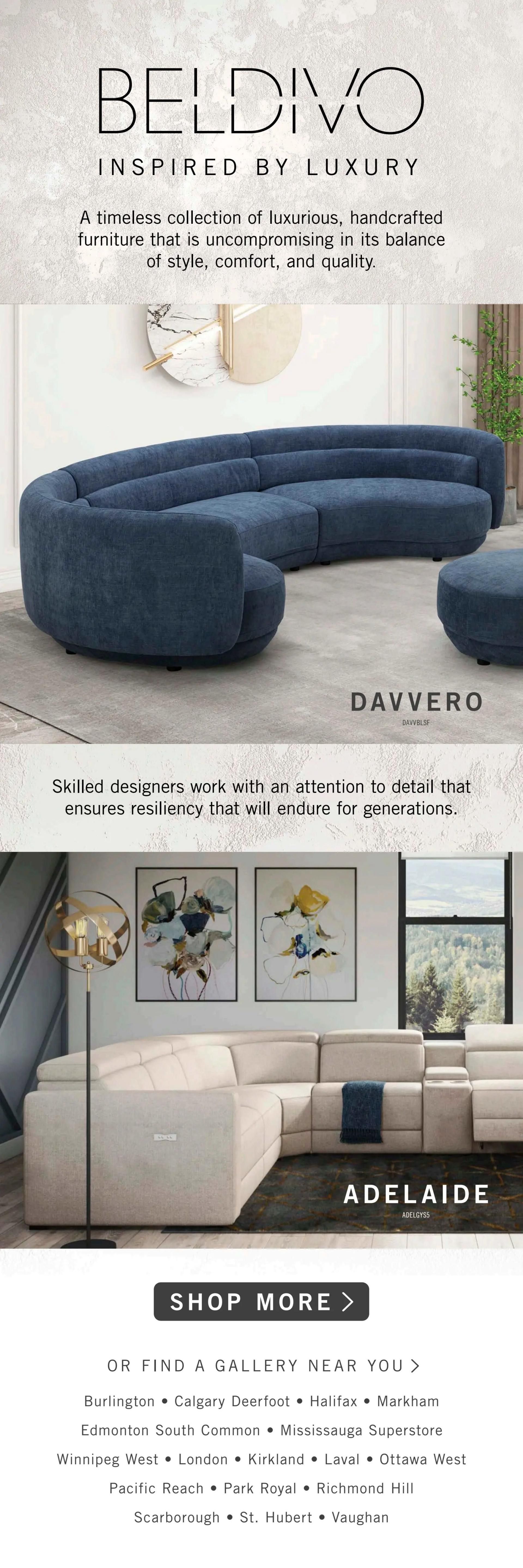 Page 6 of The Brick flyer, showcasing the BEL DIVO collection inspired by luxury. Features a deep blue curved sectional sofa with the name DAVVERO, and a light-coloured modular Adelaide sectional sofa. The text highlights skilled designers and attention to detail. Includes a 'Shop More' button and a list of store locations across Canada: Burlington, Calgary Deerfoot, Halifax, Markham, Edmonton South Common, Mississauga Superstore, Winnipeg West, London, Kirkland, Laval, Ottawa West, Pacific Reach, Park Royal, Richmond Hill, Scarborough, St. Hubert, and Vaughan.