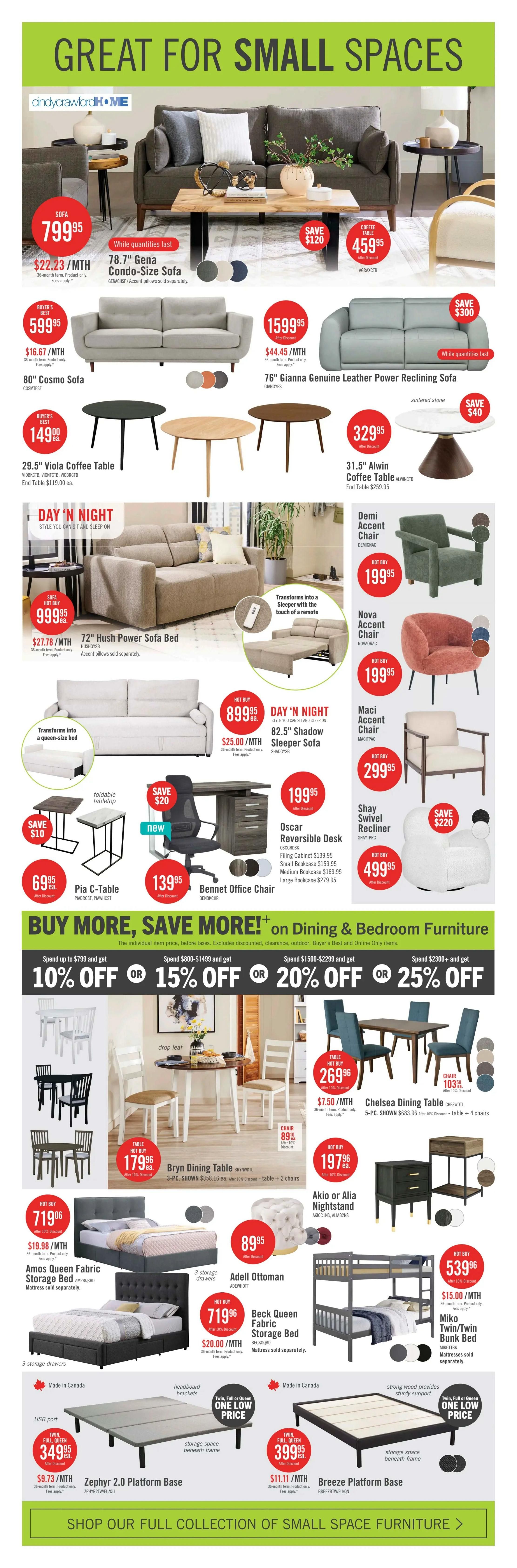 The Brick flyer specials page 7 features 'Great for Small Spaces' furniture. Highlights include the cindy crawford HOME 78.7' Gena Condo-Size Sofa for $799.95, with a save $120 offer. Also featured is the 80' Cosmo Sofa for $599.95 and the 76' Gianna Genuine Leather Power Reclining Sofa for $1599.95. Coffee tables on sale are the 29.5' Viola Coffee Table for $149.95 and the 31.5' Alwin Coffee Table for $329.95. The 'Day 'n Night' collection includes the 72' Hush Power Sofa Bed for $999.95 and the 82.5' Shadow Sleeper Sofa for $899.95. Accent chairs available are the Demi Accent Chair for $199.95, Nova Accent Chair for $199.95, and Maci Accent Chair for $299.95. The Shay Swivel Recliner is $499.95 with a save $220 offer. Desks include the Oscar Reversible Desk for $199.95, with various bookcase options. Office furniture includes the Pia C-Table for $69.95 and the Bennet Office Chair for $139.95. The 'Buy More, Save More!' promotion offers discounts on Dining & Bedroom Furniture: 10% off $799+, 15% off $999+, 20% off $1500+, and 25% off $2300+. Featured dining sets include the Bryn Dining Table (3-pc shown) for $179.96 and the Chelsea Dining Table (5-pc shown) for $269.96. Bedroom furniture includes the Amos Queen Fabric Storage Bed for $719.96, the Beck Queen Fabric Storage Bed for $719.96, and the Miko Twin/Twin Bunk Bed for $539.96. Other bedroom items are the Adell Ottoman for $89.95, Zephyr 2.0 Platform Base for $349.95, and Breeze Platform Base for $399.95.95. The page concludes with a call to 'Shop Our Full Collection of Small Space Furniture.