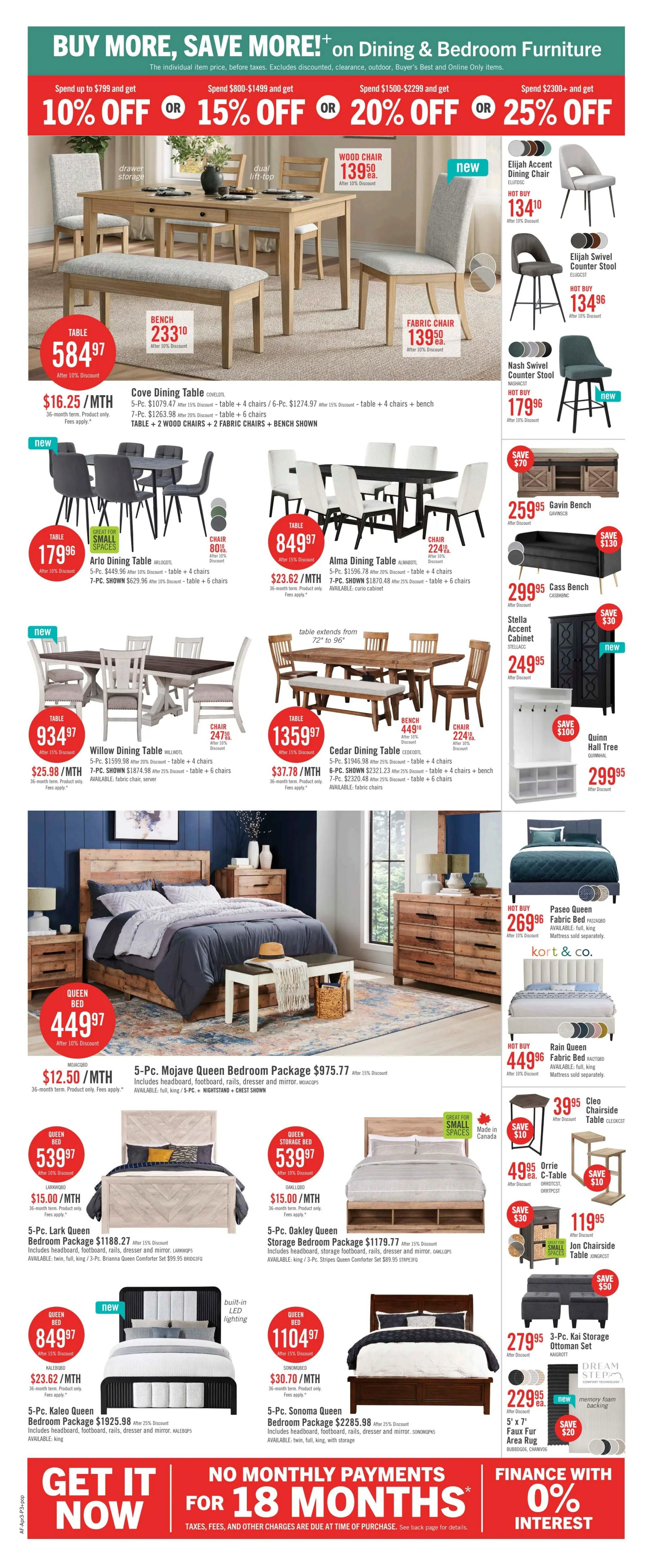 The Brick flyer page 9 features 'Buy More, Save More!' on Dining & Bedroom Furniture with tiered discounts: 10% off $799-$1499, 15% off $800-$2299, and 20% off $2300+. Featured dining sets include the Cove Dining Table for $584.97 with a bench for $233.10, the Arlo Dining Table for $179.96, the Willow Dining Table for $934.97, and the Cedar Dining Table for $1359.97. Also shown are the Elijah Accent Dining Chair for $134.10 and Elijah Swivel Counter Stool for $134.96, and Nash Swivel Counter Stool for $179.96. Bedroom furniture includes the 5-Pc. Mojave Queen Bedroom Package for $975.77, 5-Pc. Lark Queen Bedroom Package for $1188.27, 5-Pc. Oakley Queen Storage Bedroom Package for $1179.77, 5-Pc. Kaleo Queen Bedroom for $849.97, and 5-Pc. Sonoma Queen Bedroom Package for $2285.98. Other items include the Gavin Bench for $259.95, Cass Bench for $299.95, Stella Accent Cabinet for $249.95, Quinn Hall Tree for $299.95, Paseo Queen Fabric Bed for $269.96, Rain Queen Fabric Bed for $449.96, Cleo Chairside Table for $39.95, Orrie C-Table for $49.95, and Jon Chairside Table for $119.95. The page also highlights a 3-Pc. Kai Storage Ottoman Set for $279.95 and a 5'x7' Faux Fur Area Rug for $229.95. Financing options include 'No Monthly Payments for 18 Months' and 'Finance with 0% Interest.