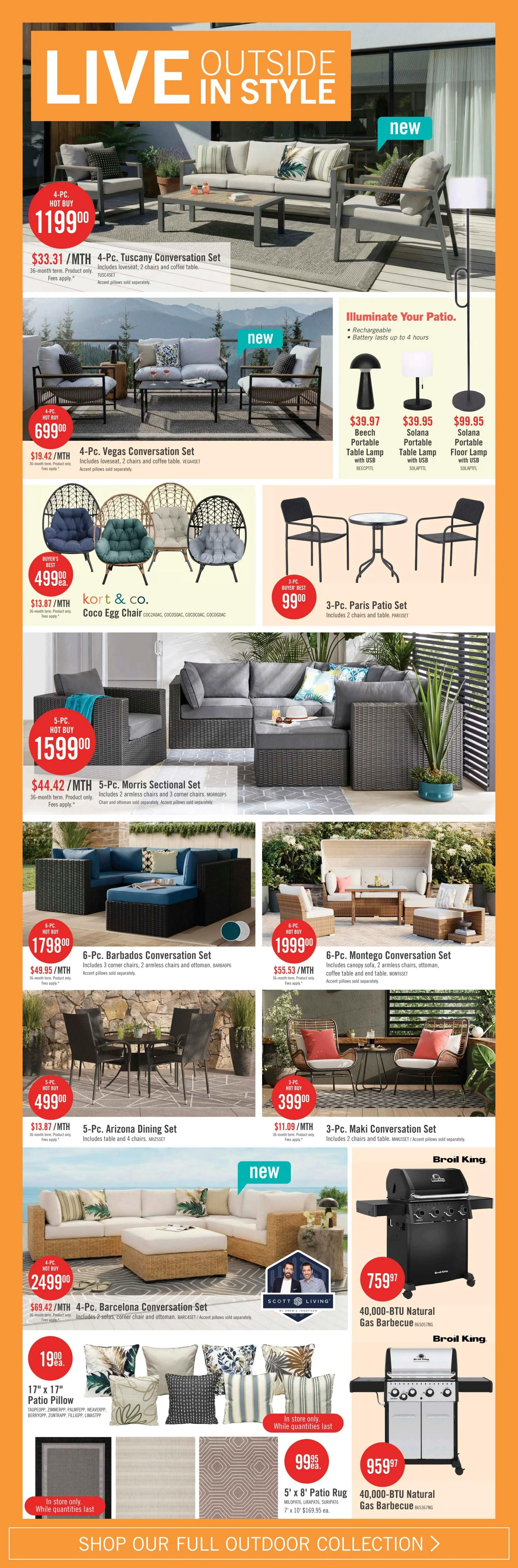 The Brick flyer page 10 features 'Live Outside In Style' with a wide selection of outdoor furniture and accessories. Highlights include the 4-Pc. Tuscany Conversation Set for $1199.00 ($33.31/MTH), the 4-Pc. Vegas Conversation Set for $699.00 ($19.42/MTH), and the 5-Pc. Morris Sectional Set for $1599.00 ($44.42/MTH). Also featured are the 6-Pc. Barbados Conversation Set for $1798.00 ($49.95/MTH), the 6-Pc. Montego Conversation Set for $1999.00 ($55.53/MTH), the 5-Pc. Arizona Dining Set for $499.00 ($13.87/MTH), and the 3-Pc. Paris Patio Set for $99.00. The Kort & Co. Coco Egg Chair is available for $499.00 ($13.87/MTH). New items include the 4-Pc. Barcelona Conversation Set for $2499.00 ($69.42/MTH) and the 3-Pc. Maki Conversation Set for $399.00 ($11.09/MTH). Illuminate your patio with the Beech Portable Table Lamp for $39.97, Solana Portable Table Lamp for $39.95, and Solana Floor Lamp for $99.95. Broil King natural gas barbecues are also on sale: a 40,000-BTU model for $759.97 and another 40,000-BTU model for $959.97. Accent pillows are available for $19.00 each, and a 5' x 8' patio rug is priced at $99.95. Some items are in-store only and while quantities last.