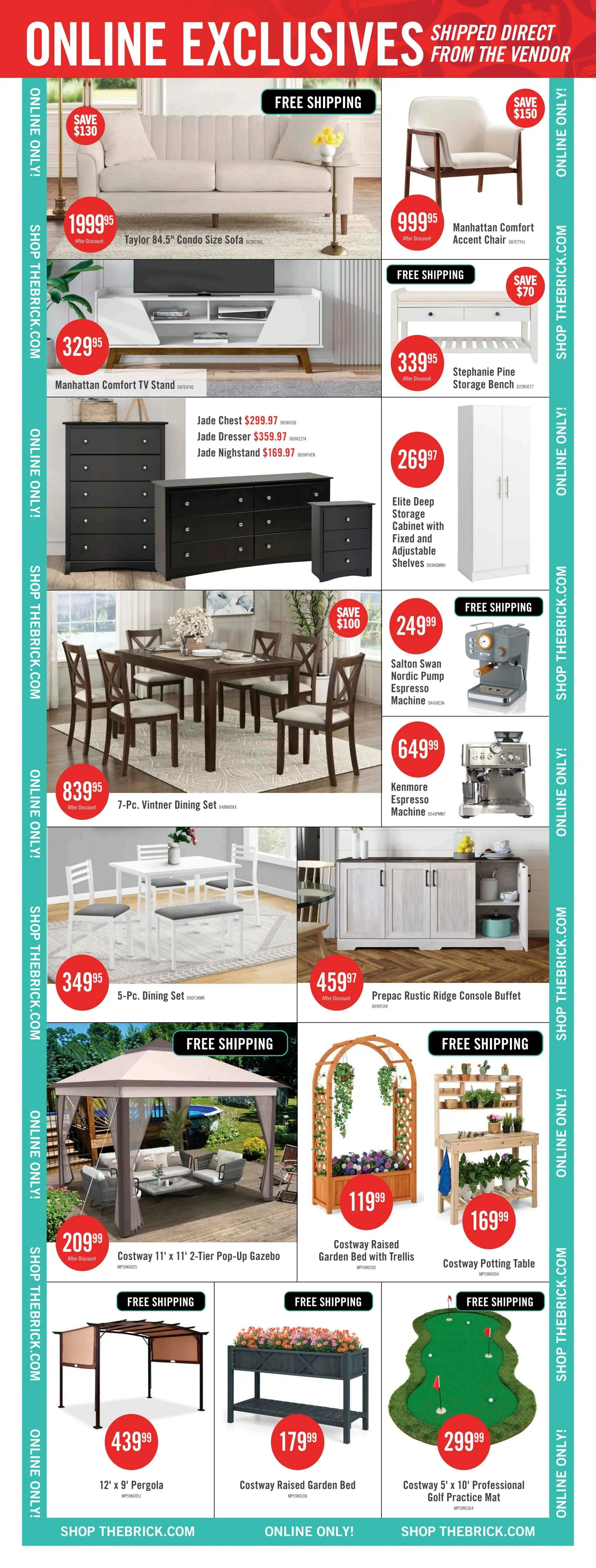 The Brick flyer page 17 features online exclusive deals with free shipping on select items. Highlighted products include the Taylor 84.5' Condo Size Sofa for $1999.95 (save $130), Manhattan Comfort TV Stand for $329.95, and Manhattan Comfort Accent Chair for $999.95 (save $150). Also available are the Stephanie Pine Storage Bench for $339.95 (save $70), Elite Deep Storage Cabinet with fixed and adjustable shelves for $269.97, and a 7-Pc. Vintner Dining Set for $839.95. Other furniture includes a 5-Pc. Dining Set for $349.95 and a Prepac Rustic Ridge Console Buffet for $459.97. Outdoor and garden items are also featured: Costway 11' x 11' 2-Tier Pop-Up Gazebo for $209.99, Costway Raised Garden Bed with Trellis for $119.99, Costway Potting Table for $169.99, 12' x 9' Pergola for $439.99, Costway Raised Garden Bed for $179.99, and a Costway 5' x 10' Professional Golf Practice Mat for $299.99. Several items offer free shipping.
