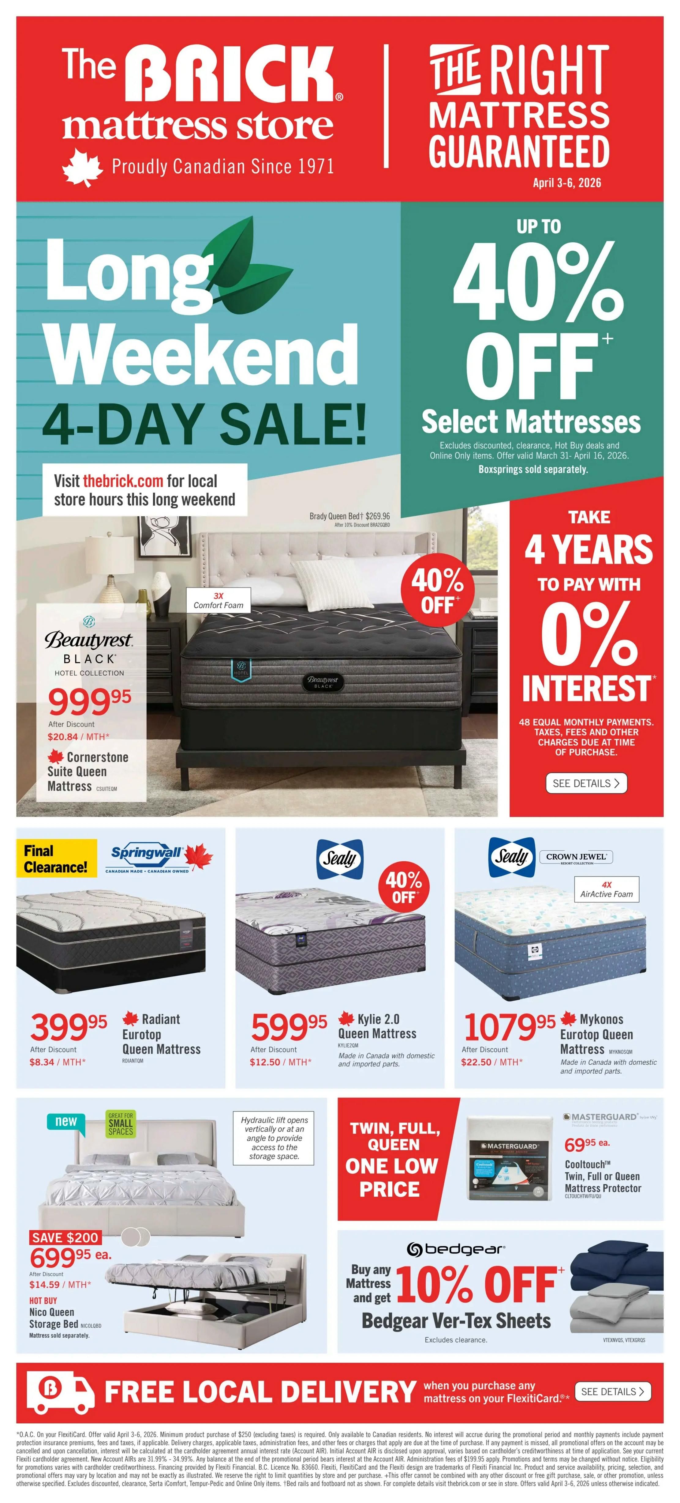 The Brick mattress store flyer, page 2. Features 'Spring on the Savings' with offers including Lamps starting at $54.00, Bunk Beds starting at $399.95, Mattresses starting at $199.95, and Beds starting at $269.96. There is also an opportunity to enter to win your mortgage or rent payments for a year. Featured products include the Vauxhall Twin Mattress, Brady Queen Fabric Bed, Alora Eurotop Queen Mattress for $899.95 (after $25.00/MTH discount), and Bronson Eurotop Queen Mattress for $999.95 (after $27.78/MTH discount), both with 40% off. Additionally, enjoy up to 40% off select mattresses, excluding discounted, clearance, Hot Buy deals, and Online Only items. Boxsprings sold separately. Financing options include 36 equal monthly payments and 0% interest. Free local delivery is available when you purchase any mattress on your FlexitiCard. The flyer is valid from March 31 to April 16, 2026.