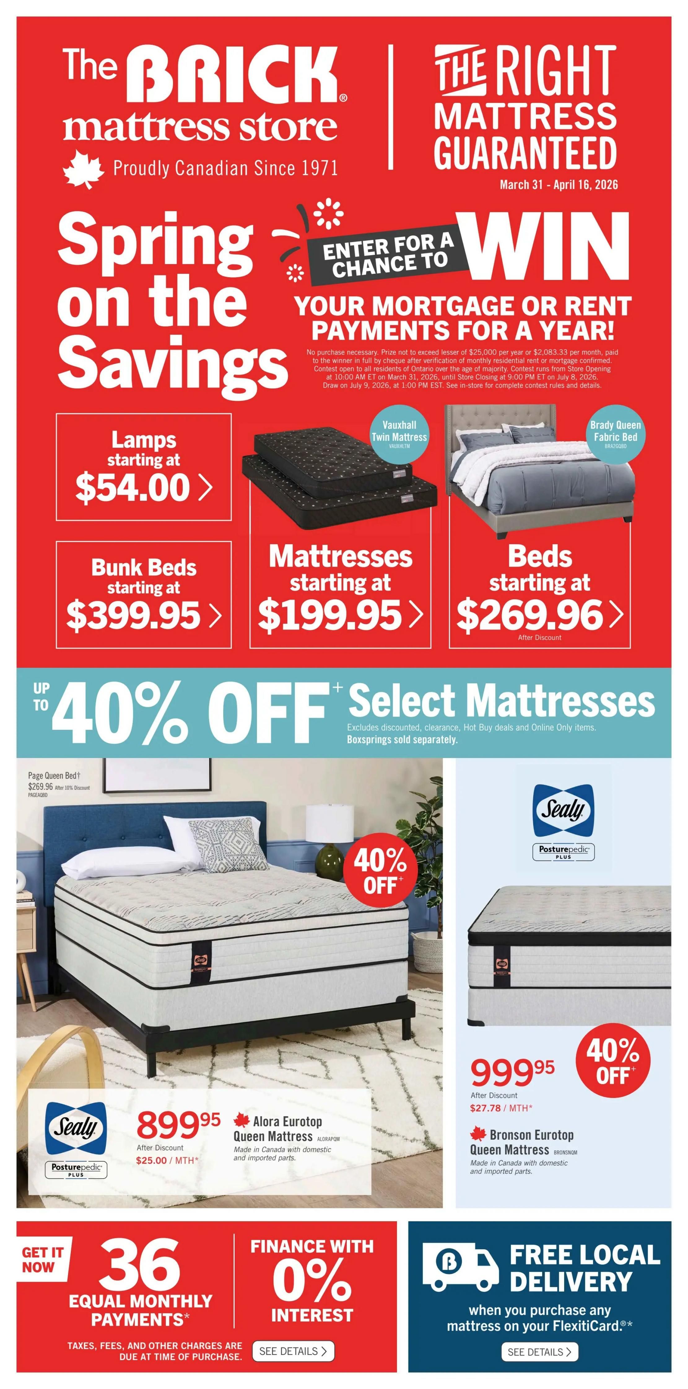 The Brick mattress store Long Weekend 4-Day Sale flyer, valid April 3-6, 2026. Offers up to 40% off select mattresses and 0% interest for 4 years on purchases with FlexitiCard. Featured products include the Beautyrest Black Hotel Collection Cornerstone Suite Queen Mattress for $999.95 ($20.84/MTH*), Springwall Radiant Eurotop Queen Mattress for $399.95 ($8.34/MTH*), Sealy Kylie 2.0 Queen Mattress for $599.95 ($12.50/MTH*), and Mykonos Eurotop Queen Mattress for $1079.95 ($22.50/MTH*). Also available is the Hot Buy Nico Queen Storage Bed for $699.95 ($14.59/MTH*), which features hydraulic lift. Buy any mattress and get 10% off Bedgear Ver-Tex Sheets. Free local delivery is available when you purchase any mattress on your FlexitiCard. Visit thebrick.com for store hours.