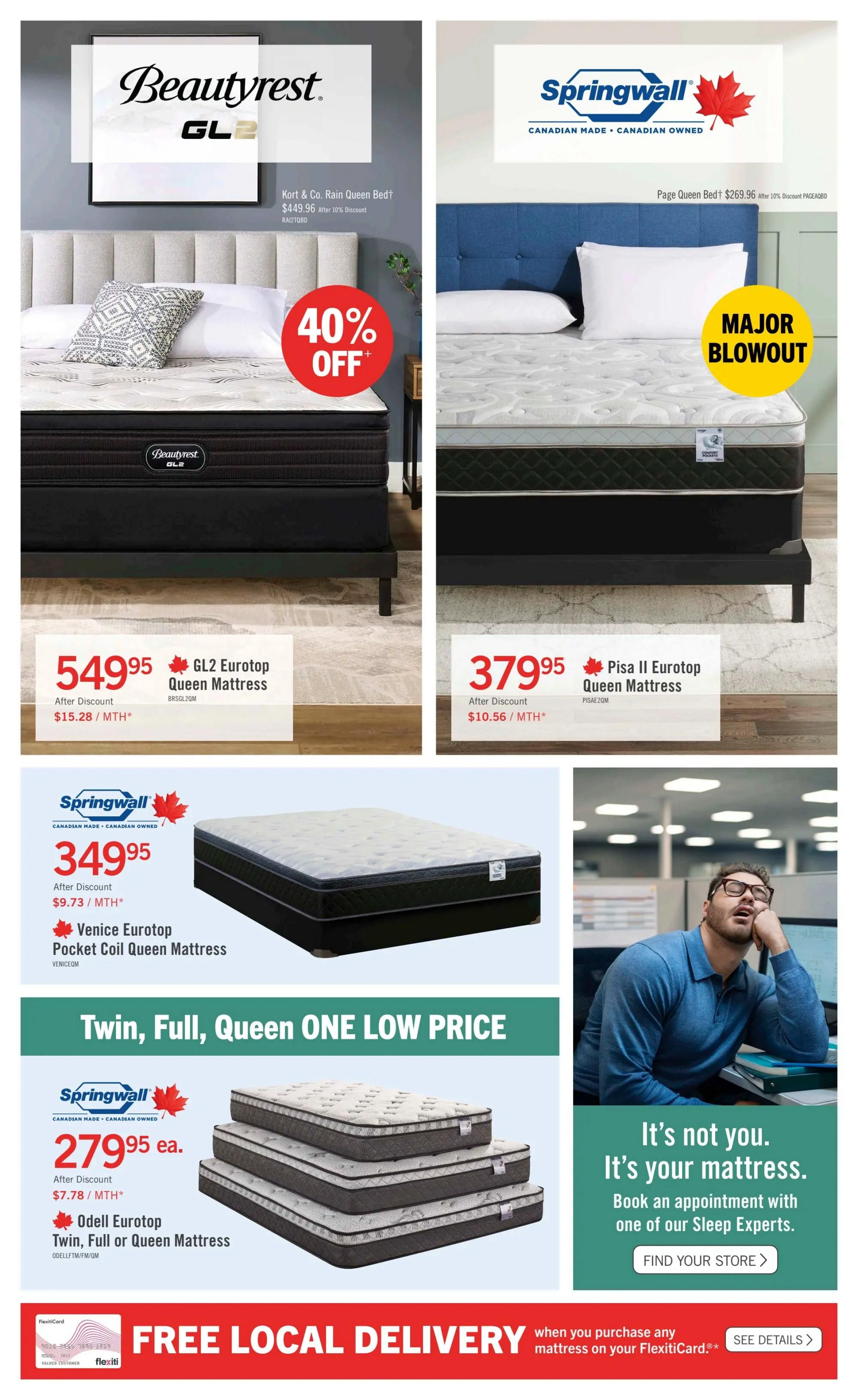 The Brick flyer page 5 features mattress deals. On the left, a Beautyrest GL2 Eurotop Queen Mattress is on sale for $549.95, with 40% off and a monthly payment of $15.28. In the top right, a Springwall Page Queen Mattress is advertised with a 'Major Blowout' sale for $379.95 after a 10% discount, with monthly payments of $10.56. Below that, a Springwall Venice Eurotop Pocket Coil Queen Mattress is priced at $349.95, with monthly payments of $9.73. A 'Twin, Full, Queen ONE LOW PRICE' section highlights the Springwall Odell Eurotop Twin, Full, or Queen Mattress for $279.95 each, with monthly payments of $7.78. The bottom of the page promotes 'FREE LOCAL DELIVERY' when purchasing any mattress on your FlexitiCard. A graphic on the right encourages customers to 'Book an appointment with one of our Sleep Experts' by finding their store.