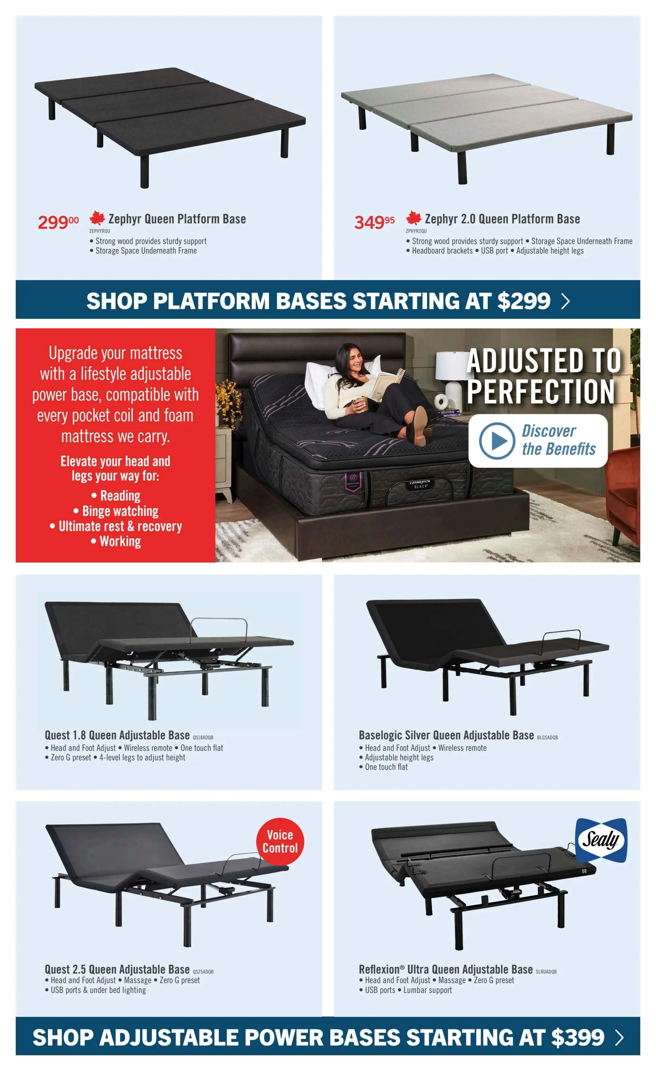 The Brick flyer page 7 showcases a selection of mattress bases. The Zephyr Queen Platform Base is available for $299.00 and features strong wood support, storage space underneath. The Zephyr 2.0 Queen Platform Base is priced at $349.95 and includes strong wood support, storage space, headboard brackets, USB port, and adjustable height legs. A large section promotes adjustable power bases, highlighting benefits like reading, binge watching, and ultimate rest with a lifestyle adjustable power base compatible with pocket coil and foam mattresses. Featured adjustable bases include the Quest 1.0 Queen Adjustable Base with head and foot adjust, wireless remote, one touch flat, Zero G preset, and 4-level legs for $399. The Baselogic Silver Queen Adjustable Base also costs $399 and offers head and foot adjust, wireless remote, adjustable height legs, and one touch flat. The Quest 2.5 Queen Adjustable Base, priced at $399, includes voice control, head and foot adjust, massage, Zero G preset, USB ports, and under-bed lighting. The Reflexion® Ultra Queen Adjustable Base, also $399, features head and foot adjust, massage, Zero G preset, USB ports, and lumbar support. The page concludes with a call to action to 'SHOP ADJUSTABLE POWER BASES STARTING AT $399.