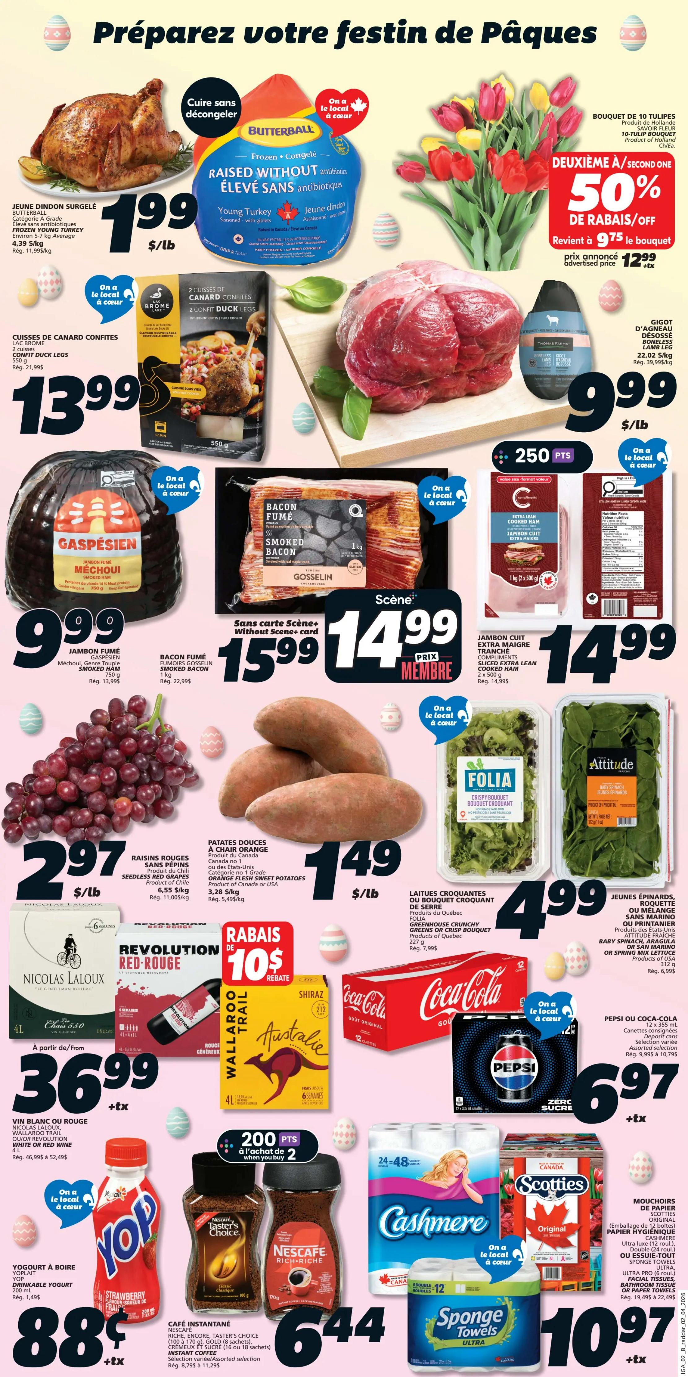 IGA Weekly Flyer Specials, Page 2. Featured items include Butterball Young Turkey raised without antibiotics for $1.99/lb, and a second/second one at 50% off. Confit Duck Legs are $13.99. A large cut of Lamb Leg is $9.99/lb. Gaspesien Smoked Ham is $9.99. Gosselin Smoked Bacon is $15.99, or $14.99 for members. Sliced Extra Lean Cooked Ham is $14.99. Seedless Red Grapes are $2.97/lb. Orange Sweet Potatoes are $1.49/lb. Folia Greenhouse Crunchy Greens or Crispy Bouquet are $4.99. Attitude Baby Spinach, Arugula, or Spring Mix is $4.99. Nicolas Laloux White or Red Wine is $36.99. Yop Drinkable Yogurt is $0.88. Revolution Red Wine with a $10 rebate. Wallaroo Trail Shiraz is on sale. Coca-Cola or Pepsi 12-pack cans are $6.97. Nescafe Instant Coffee is $6.44. Cashmere 24-48 pack toilet paper or Sponge Towels Ultra are $10.97.