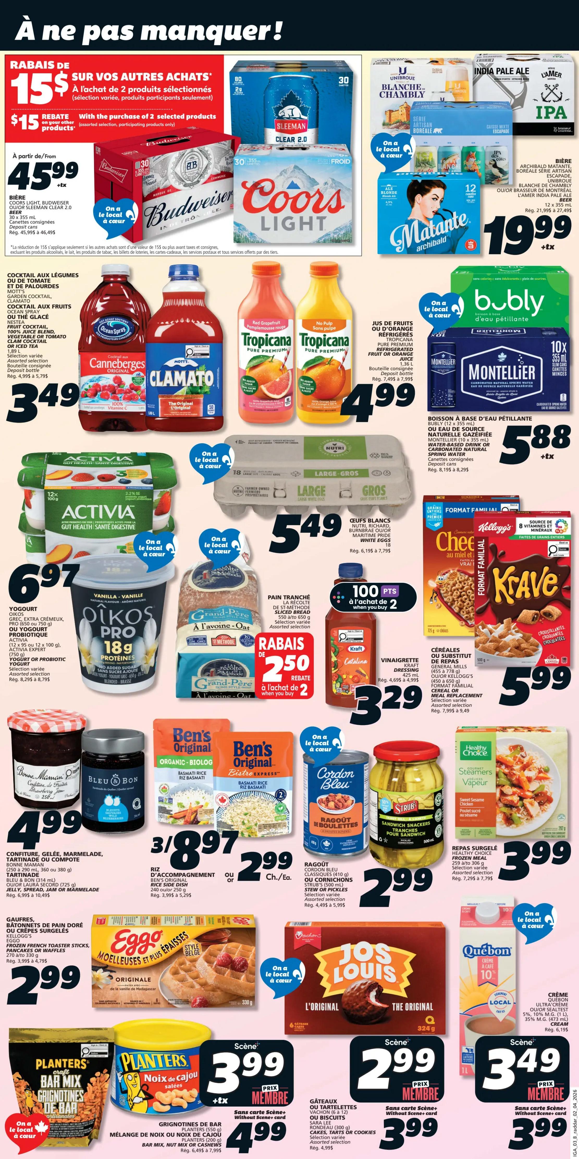 IGA Weekly Flyer Specials Page 3: Features a $15 rebate when you buy 2 selected products. Beer specials include Budweiser and Coors Light for $45.99, Sleeman Clear 2.0 for $30, and a 12-pack of Archibald, Boreale, or L'Amer IPA for $19.99. Drink options include Cranberries, Clamato, and Mott's cocktail juices for $3.49, Tropicana juices for $4.99, and Bubly or Montellier sparkling water for $5.88. Dairy and eggs include Activia yogurt for $6.97 and large white eggs for $5.49. Bakery items feature Grand-Père sliced bread for $2.99 when you buy 2, and Catalina Kraft dressing for $3.29. Other featured items are Ben's Original Basmati rice for 3 for $8.97, Cordon Bleu stew or pickles for $2.99, and Healthy Choice frozen meals for $3.99. Eggo waffles are $2.99. Snacks include Planters Bar Mix or Cashews for $3.99, Jos. Louis cakes for $2.99, and Quebec 10% cream for $3.49.