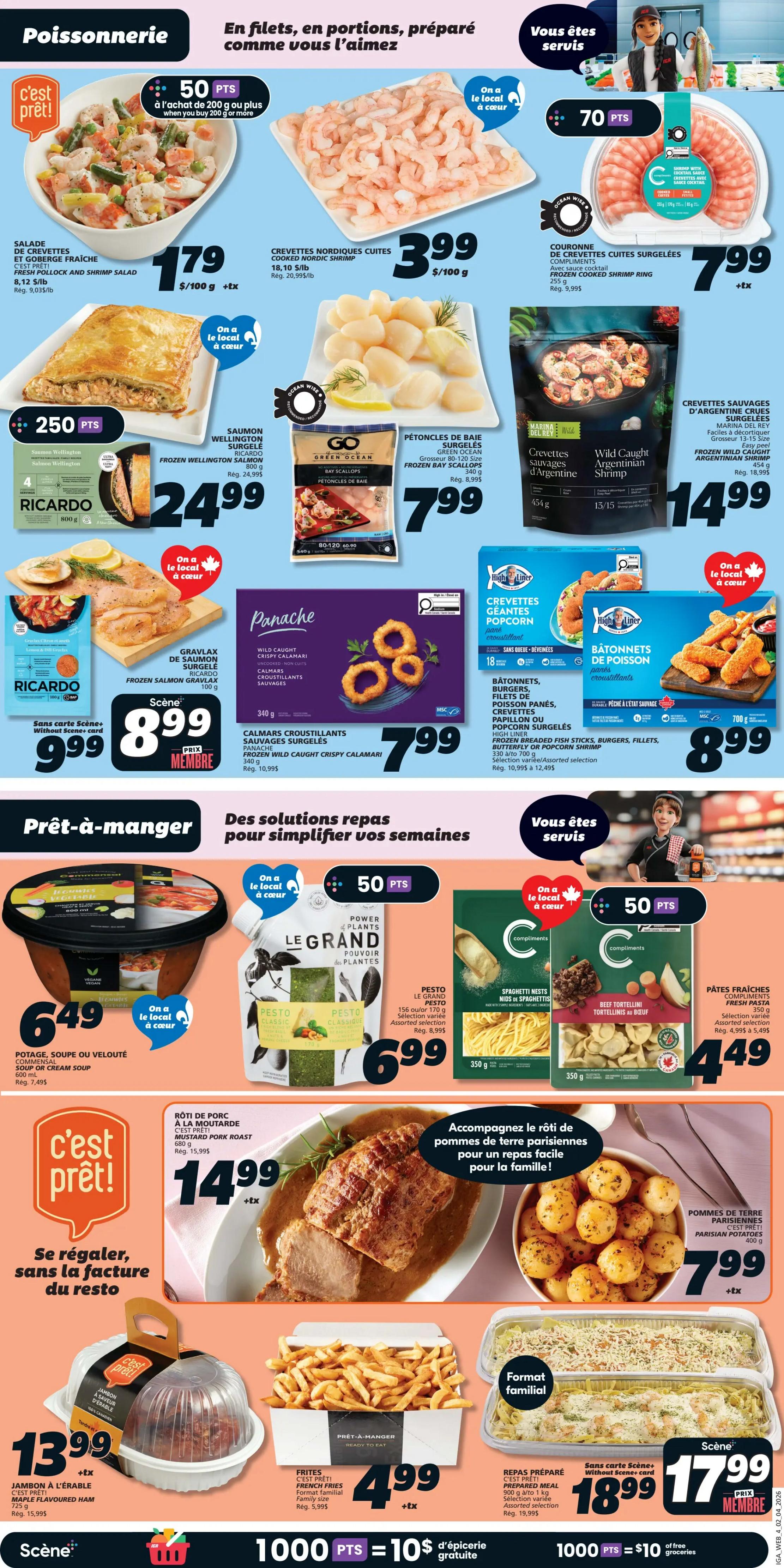 IGA Weekly Flyer Specials Page 8 features a variety of seafood and ready-to-eat meals. Seafood offers include Fresh Pollock and Shrimp Salad for $1.79, Cooked Nordic Shrimp for $3.99/100g, Frozen Cooked Shrimp Ring for $7.99, Frozen Wellington Salmon for $24.99, Green Ocean Bay Scallops for $7.99, and Wild Caught Argentinian Shrimp for $14.99. Also available are Frozen Wild Caught Crispy Calamari for $7.99 and High Liner Breaded Fish Sticks, Burgers, Fillets, Butterfly or Popcorn Shrimp for $8.99. Ready-to-eat options include Commensal Soup or Cream Soup for $6.49, Le Grand Pesto for $6.99, Compliments Fresh Pasta for $4.49, Compliments Beef Tortellini in Beef for $4.49, Mustard Pork Roast for $14.99, C'est Prêt! Maple Flavoured Ham for $13.99, C'est Prêt! French Fries for $4.99, and C'est Prêt! Prepared Meal for $18.99 (without Scene+ card) or $17.99 (member price). The page also highlights Parisian Potatoes for $7.99. Points offers include 50 PTS on certain shrimp purchases and 70 PTS on the Shrimp Ring. There's a special offer for 1000 PTS = $10 of free groceries.