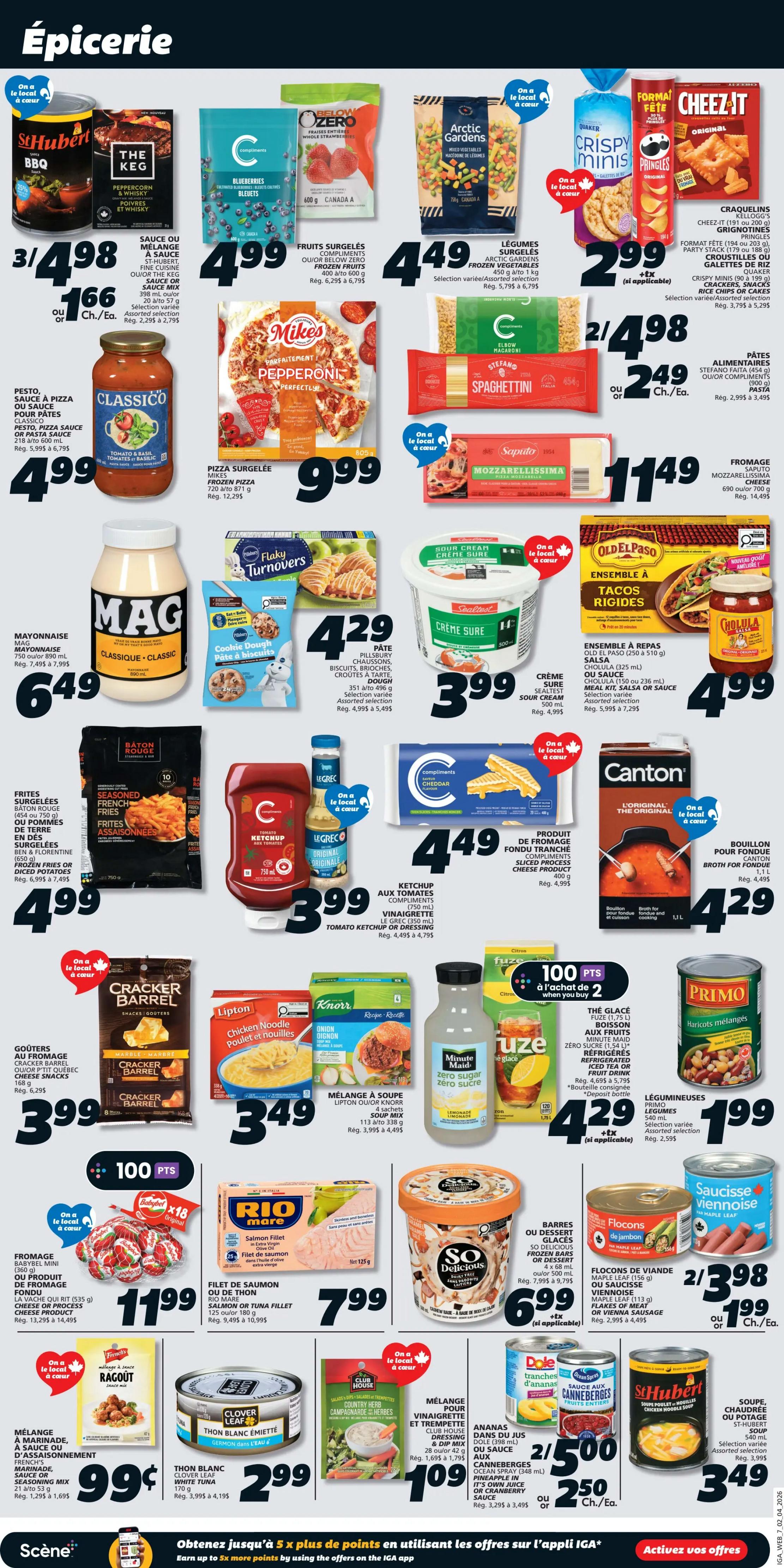 IGA Weekly Flyer Specials, Page 11. Featured products include St-Hubert BBQ sauce or The Keg peppercorn sauce for 3/$4.98, Classico pesto, pizza sauce, or pasta sauce for $4.99, and Mag mayonnaise for $6.49. Also on sale are Below Zero frozen fruits for $4.99, Arctic Gardens frozen vegetables for $4.49, Quaker Crispy Minis for $2.99, and Cheez-It crackers, Pringles, or Grignotines for $2.99. Mike's frozen pizza is $9.99. Compliments spaghetti or elbow macaroni is 2/$4.98 or $2.49 each. Saputo Mozzarellissima cheese is $1.149. Pillsbury Flaky Turnovers or cookie dough are $4.29. Sealtest sour cream is $3.99. Old El Paso rigid taco shells or seasoning mix are $4.99. St-Baton Rouge frozen fries or potatoes are $4.99. Compliments cheddar cheese slices are $4.49. Le Greco tomato ketchup or dressing is $3.99. Canton broth for fondue is $4.29. Cracker Barrel snackers are $3.99. Lipton or Knorr soup mix is $3.49. Minute Maid zero sugar iced tea or fruit drink is 4/$4.29. Primo mixed vegetables are $1.99. Maple Leaf flocon de viande or sausage is 2/$3.98 or $2.98 each. Rio Mare salmon fillet is $7.99. So Delicious frozen dessert is $6.99. Clover Leaf flaked white tuna is $2.99. Club House vinaigrette or dip mix is $1.09. Dole pineapple chunks or cranberry sauce is 2/$5.00 or $2.50 each. St-Hubert chicken noodle soup is $3.49.
