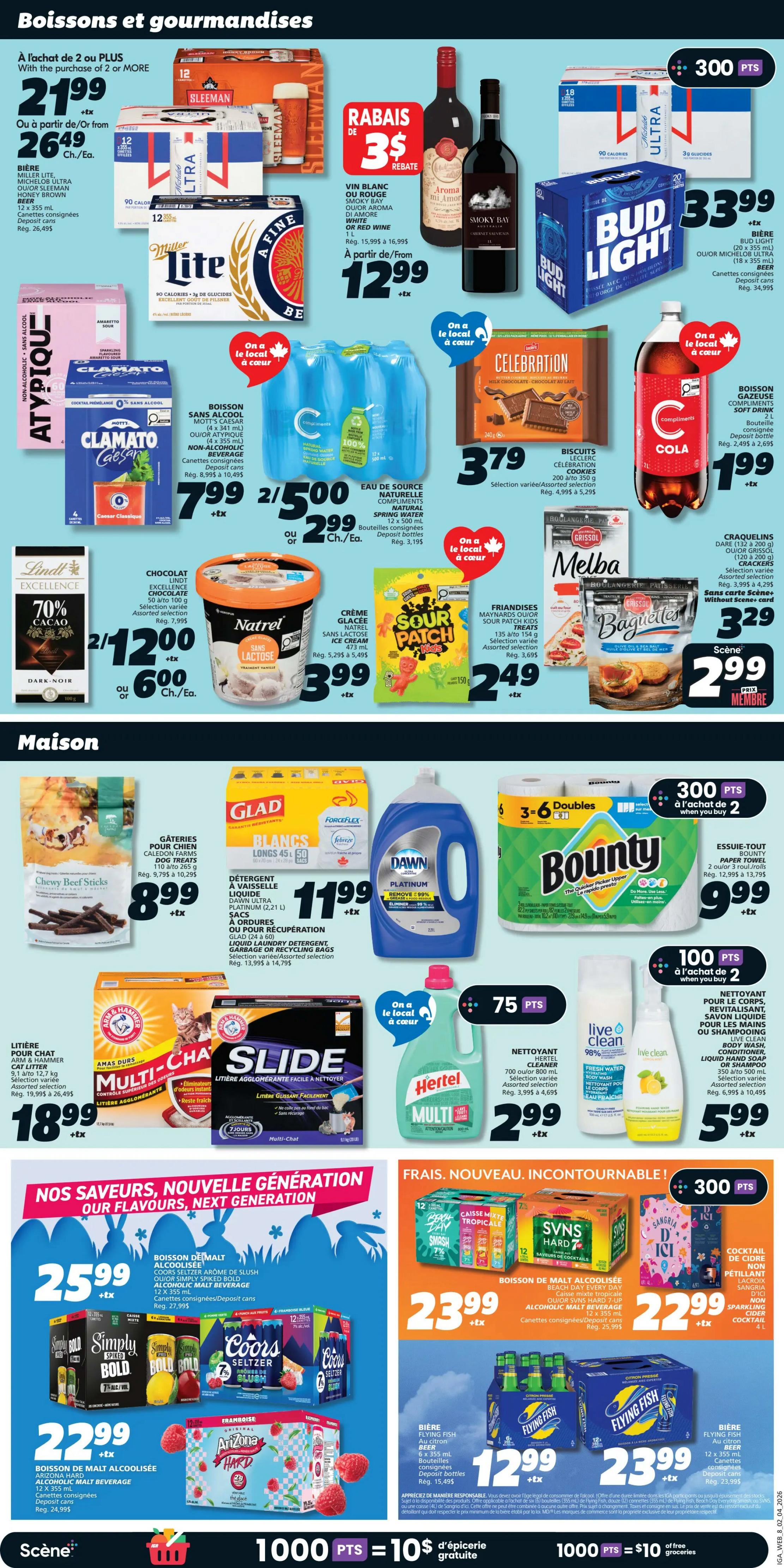 IGA Weekly Flyer Specials, Page 12. Featuring a variety of beverages and groceries. Top section includes Sleeman beer at $21.99 for 2 or more, or $26.49 each, with a $3 rebate on Smoky Bay white or red wine for $12.99. Bud Light Ultra beer is $33.99. Also available are Clamato Caesar non-alcoholic beverages for $7.99 for 2, or $5.00 each, and Celebration milk chocolate bars for $3.79. Natural Spring Water is $2.99. Lindt Excellence 70% Cacao dark chocolate is 2 for $12.00, or $6.00 each. Natrel lactose-free ice cream is $3.99. Sour Patch Kids candy is $2.49. Melba baguettes are $3.29. The 'Maison' section features Calebon Farms Chewy Beef Sticks for $8.99. Glad white laundry detergent is $11.99. Dawn Platinum dish liquid is $11.99. Slide clumping cat litter is $18.99. Hertel Multi cleaner is $2.99. Live Clean fresh water body wash and conditioner is $5.99. The bottom section highlights 'Our Flavours, Next Generation' with alcohol-free malt beverages: Simply Spiked Lemonade/Bold Apple/Bold Berry for $25.99, and Arizona Hard Malt Beverage for $22.99. Also featured are Beach Day Tropicale, SVNS Hard Iced Tea, and Sangria de Cidre for $23.99. Flying Fish beer is $12.99 for a 6-pack or $23.99 for a 12-pack. The flyer also mentions 1000 points equals $10 in free groceries.