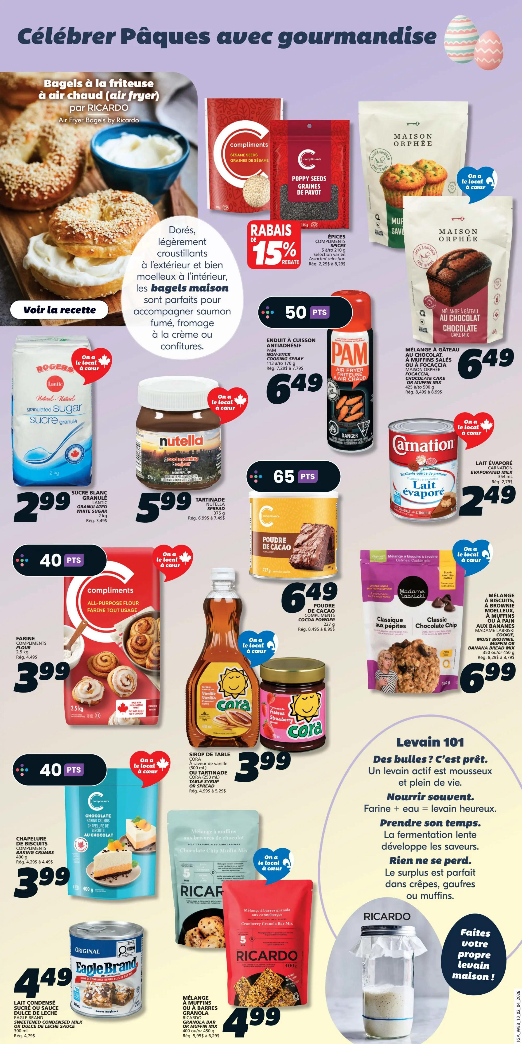 IGA Weekly Flyer Specials Page 14 features Easter baking and cooking essentials. Highlights include a recipe for air fryer bagels, Compliments sesame seeds for $1.50 off, and poppy seeds. Maison Orphée chocolate cake or muffin mix is $6.49. Pam air fryer cooking spray is $6.49. Carnation evaporated milk is $2.49. Rogers granulated sugar is $2.99 with 40 bonus points. Nutella spread is $5.99. Compliments all-purpose flour is $3.99 with 40 bonus points. Cora table syrup or spread is $3.99. Chocolate baking crumbs are $3.99. Ricard chocolate chip muffin mix and cranberry granola bar mix are $4.99. Eagle Brand condensed milk is $4.49. The page also includes a section on sourdough starter, 'Levain 101', with tips on feeding and fermentation.