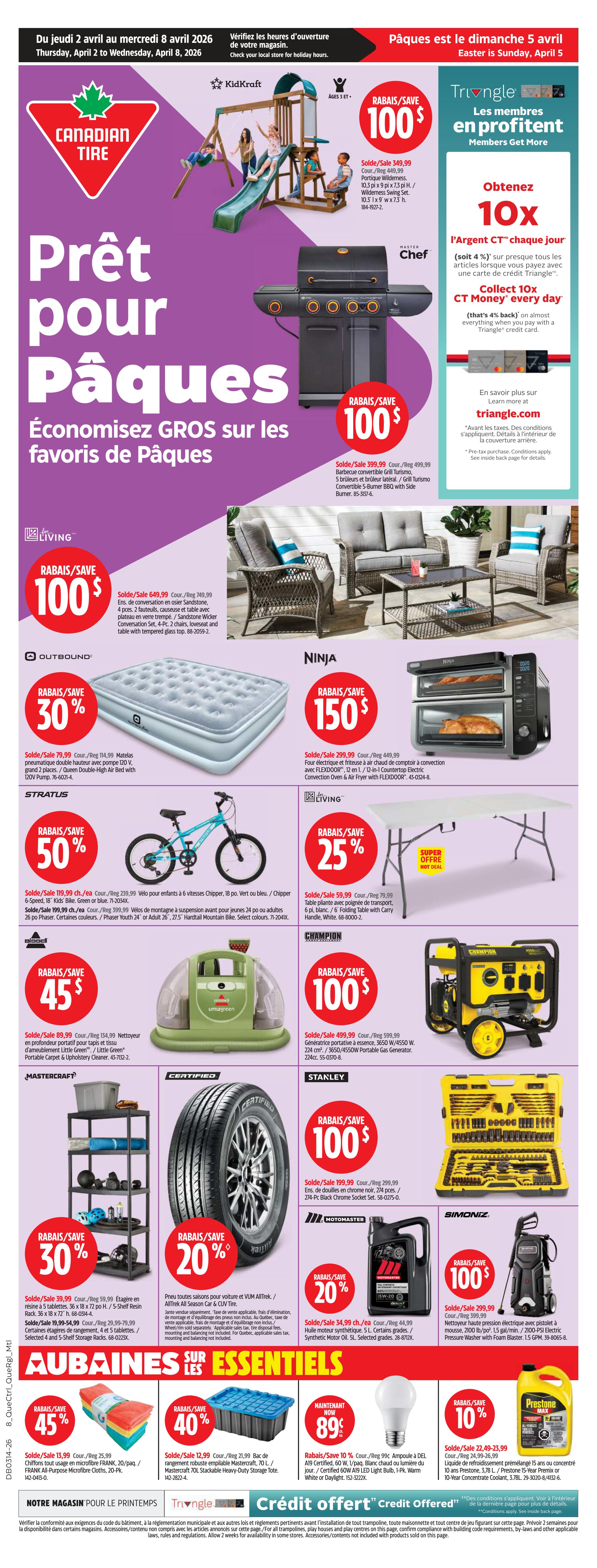 Canadian Tire weekly flyer specials for Quebec, valid April 2 to April 8, 2026. Featured items include a KidKraft swing set on sale for $100, a Master Chef convertible grill for $100, and Living patio furniture for $100. Also on sale is an Outbound double high air bed with pump for $79.99 (30% off), and a Ninja 12-in-1 countertop convection oven and air fryer for $299.99. Stratus offers a kids' 18-inch bike for $119.99 (50% off). Living features a folding table for $59.99 (25% off). Champion presents a portable generator for $499.99. Mastercraft offers a 5-shelf resin rack for $39.99 (30% off) and a heavy-duty storage tote for $12.99 (40% off). A Bissell Little Green portable carpet and upholstery cleaner is on sale for $89.99. Certified tires are 20% off. Motomaster synthetic motor oil is 20% off. Simoniz electric pressure washer with foam blaster is $299.99. Prestone coolant is on sale. Additionally, there's a sale on microfiber cloths for $13.99 and a 10% discount on LED light bulbs for $8.99. Triangle members get 10x CT Money on purchases with a Triangle credit card.