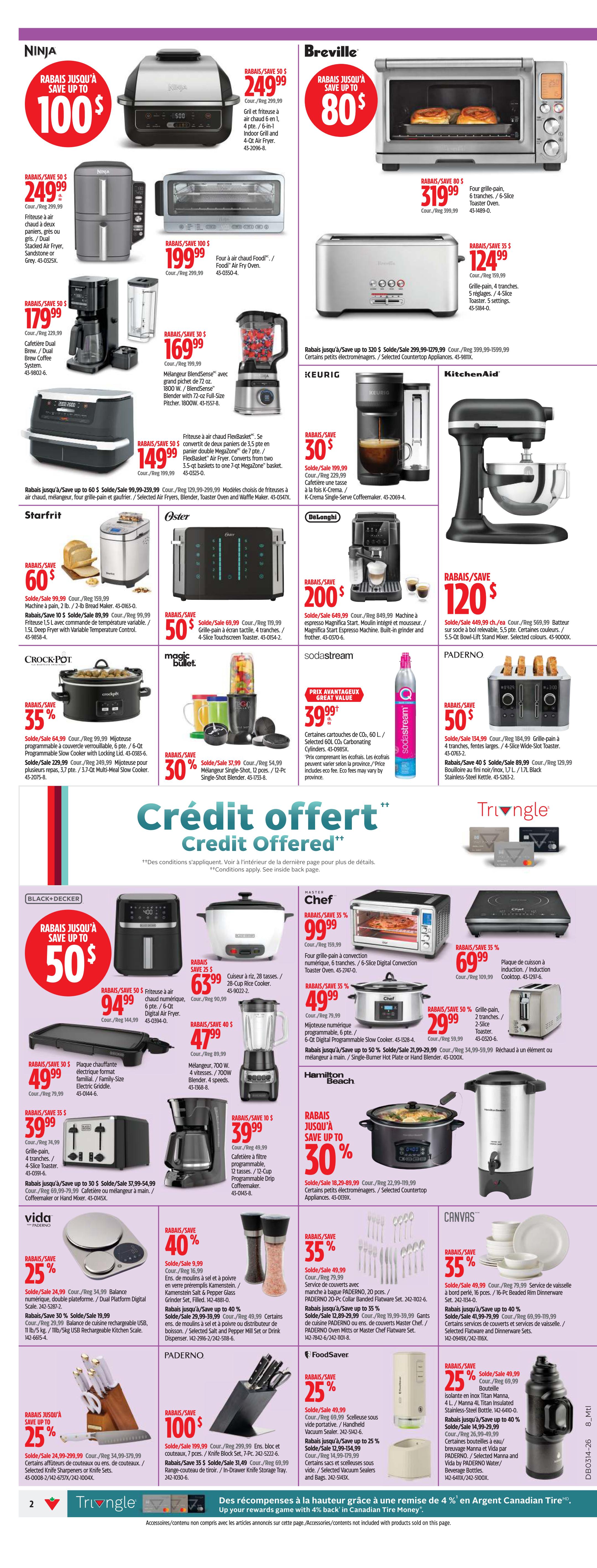 Canadian Tire weekly flyer specials page 2. Featured brands include Ninja, Breville, Keurig, KitchenAid, Starfrit, Oster, DeLonghi, Crock-Pot, Magic Bullet, SodaStream, Paderno, Black+Decker, Chef, Hamilton Beach, Vida, FoodSaver, and Canvas. Deals include a Ninja Foodi 100-dollar savings, a Breville Smart Oven Air Fryer Pro for $249.99, a Keurig K-Express coffee maker for $59.99, and a KitchenAid Stand Mixer for $120 off. Other offers include a Starfrit 6-qt. deep fryer for $60, a Crock-Pot 6-qt. slow cooker for 35% off, a Black+Decker 4-slice toaster for $39.99, and a Chef 4-slice toaster oven for $29.99. Also featured are a Vida digital kitchen scale for 25% off, a Paderno knife block set for $100, a FoodSaver vacuum sealer for 25% off, and a Canvas dinnerware set for 35% off. A credit offered promotion is also highlighted.