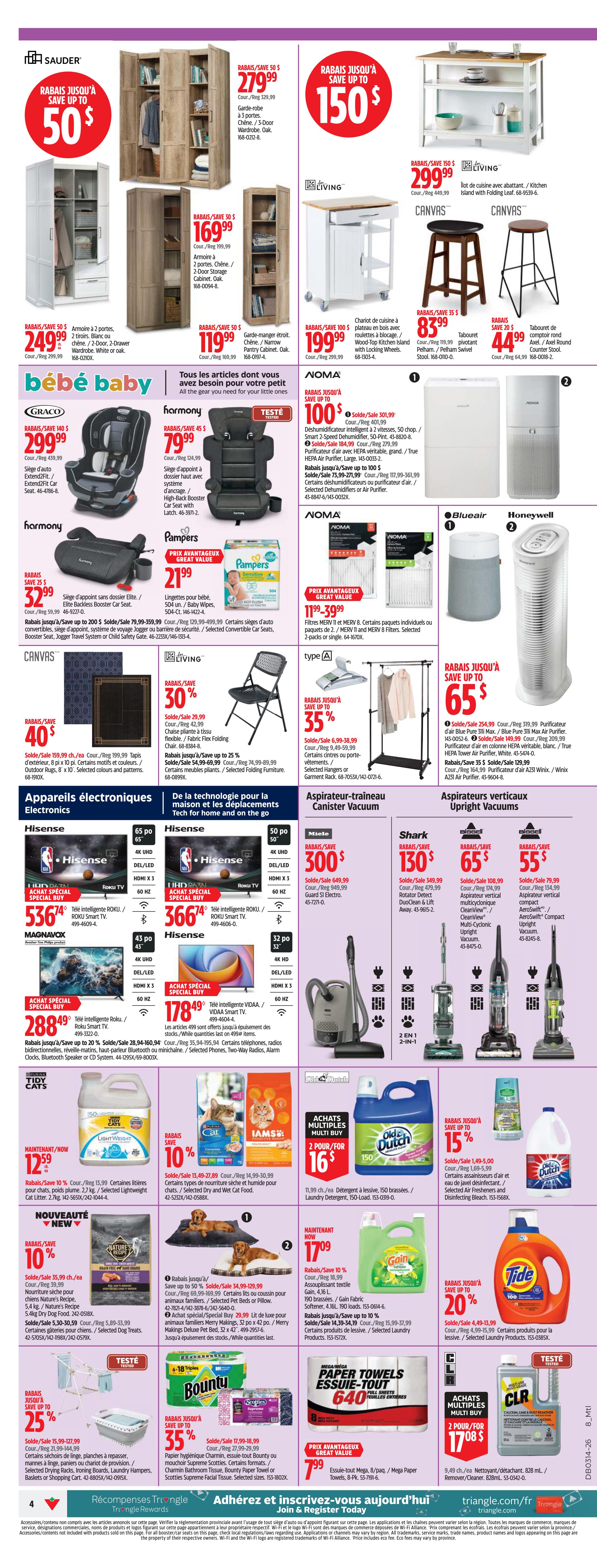 Canadian Tire weekly flyer specials page 4 features a wide variety of products. Top section highlights Sauder wardrobes and storage units with savings up to 50% and 150$. Living room furniture includes a kitchen island for $299.99 and bar stools for $83.99 and $44.99. Bébé Baby section offers a Graco car seat for $299.99 and a Harmony car seat for $79.99. Pampers diapers are available for $21.99. Noma air purifiers and filters are on sale, with savings up to 100$ on smart dehumidifiers and up to 35$ on filters. Blueair and Honeywell air purifiers are also featured. Electronics include Hisense Roku Smart TVs starting at $536.99, $366.99, and $178.49. Magnavox Roku Smart TV is $288.49. Miele canister vacuum is $300. Shark and Bissell upright vacuums are $130 and $65 respectively. Household items include Tidy Cats litter for $12.59, Iams pet food with 10% off, Gain laundry detergent for $17.09, and Tide laundry detergent with 20% off. Other deals include Bounty paper towels for $7.99, Scotties facial tissues for $7.99, and CLR cleaner for $17.08 for 2.