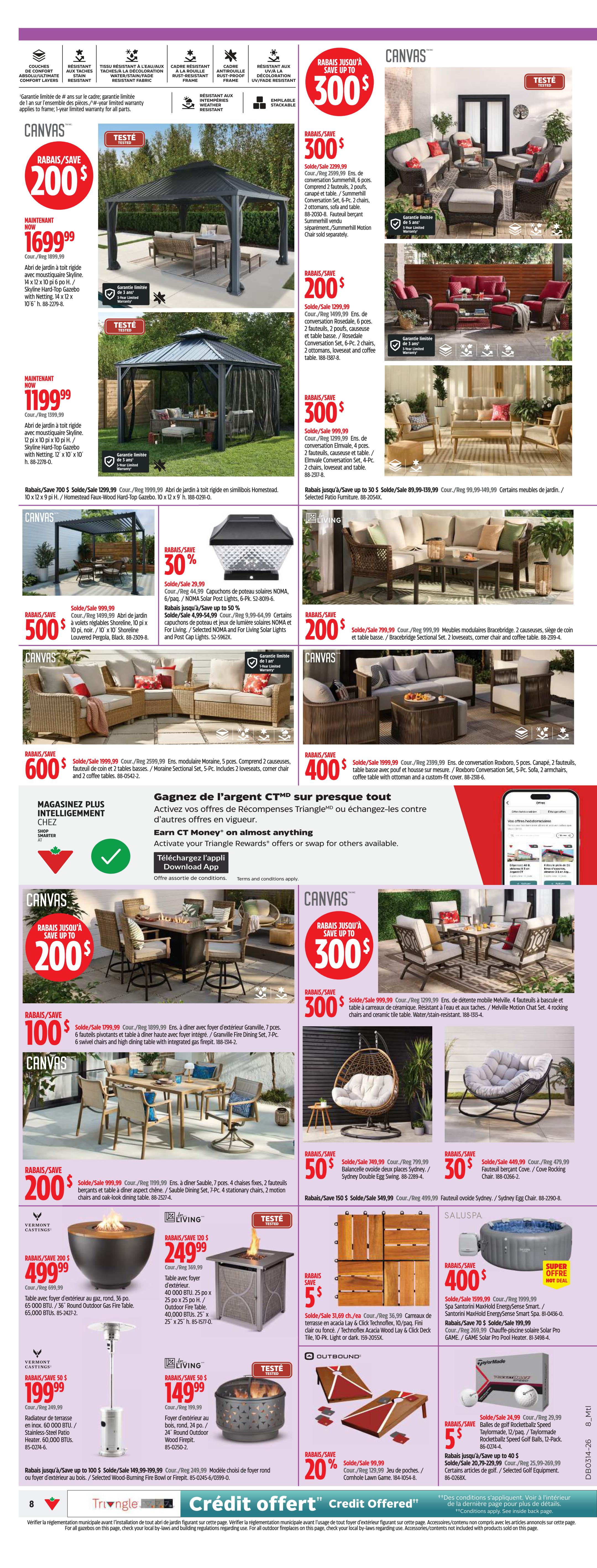 Canadian Tire weekly flyer specials, page 8. Features a large selection of outdoor furniture and accessories. Top section showcases Canvas brand patio sets including a 6-piece conversation set with firepit for $200 savings, a 6-piece Rosedale conversation set for $200 savings, and a 4-piece Elmvale conversation set for $300 savings. Also featured is a 6-piece Homestead conversation set with a wood-look gazebo for $700 savings. Below, find Canvas brand solar post lights for $30 savings and a 10x10 louvered pergola for $500. Further down, a 5-piece Moraine sectional set is on sale for $600. In the middle of the page, an advertisement for 'Earn CT Money' on almost anything with the Download App. The right side of the page highlights more Canvas patio sets: a 6-piece conversation set with firepit for $300 savings, a 4-piece Melville motion chat set for $300 savings, and a 4-piece Rosedale conversation set for $200 savings. Also available are a hanging Sydney double egg swing for $50 savings and a Cove rocking chair for $30 savings. Additional outdoor living items include a Vermont Castings gas fire table for $499.99, a Vermont Castings stainless steel patio heater for $199.99, and a 24' round outdoor wood firepit for $149.99. Other deals include a 5-piece Acacia wood deck tile set for $5 savings, a cornhole lawn game for $20 savings, and a solar pool heater for $400 savings. Finally, a 12-pack of TaylorMade Rocketball Speed Golf Balls is on sale for $5.