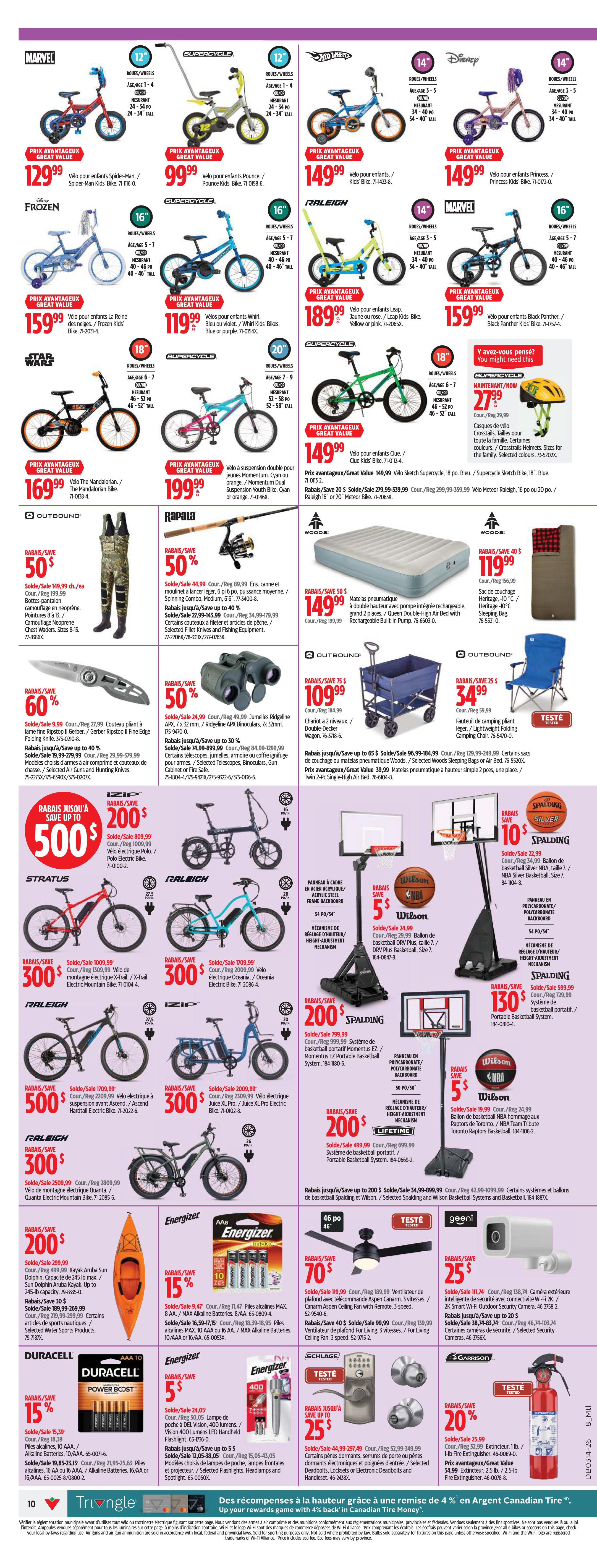 Page 10 of the Canadian Tire weekly flyer features a wide variety of products. Top sections showcase children's bikes including Marvel Spider-Man, Frozen, Star Wars, Supercycle, and Raleigh models, with prices ranging from $99.99 to $189.99. Other featured items include Rapala fishing combos on sale for 50% off, starting at $44.99, and Outbound fishing gear and accessories with savings up to 60% off, including a Ripstop II knife for $9.99. Also available are Outbound camouflage neoprene chest waders for $50.99. Sports equipment includes a Stratus electric bike for $300, Raleigh electric bikes for $300 and $500, and various Spalding and Wilson basketball systems and portable basketballs with discounts up to $130 off. Energizer batteries and flashlights are on sale with 15% and 5% off respectively. Duracell batteries are 15% off. Other items include a canoe for $200, a portable wagon for $109.99, a camping chair for $34.99, a ceiling fan for $70 off, a smart security camera for $25 off, deadbolts for $25 off, and a fire extinguisher for 20% off.