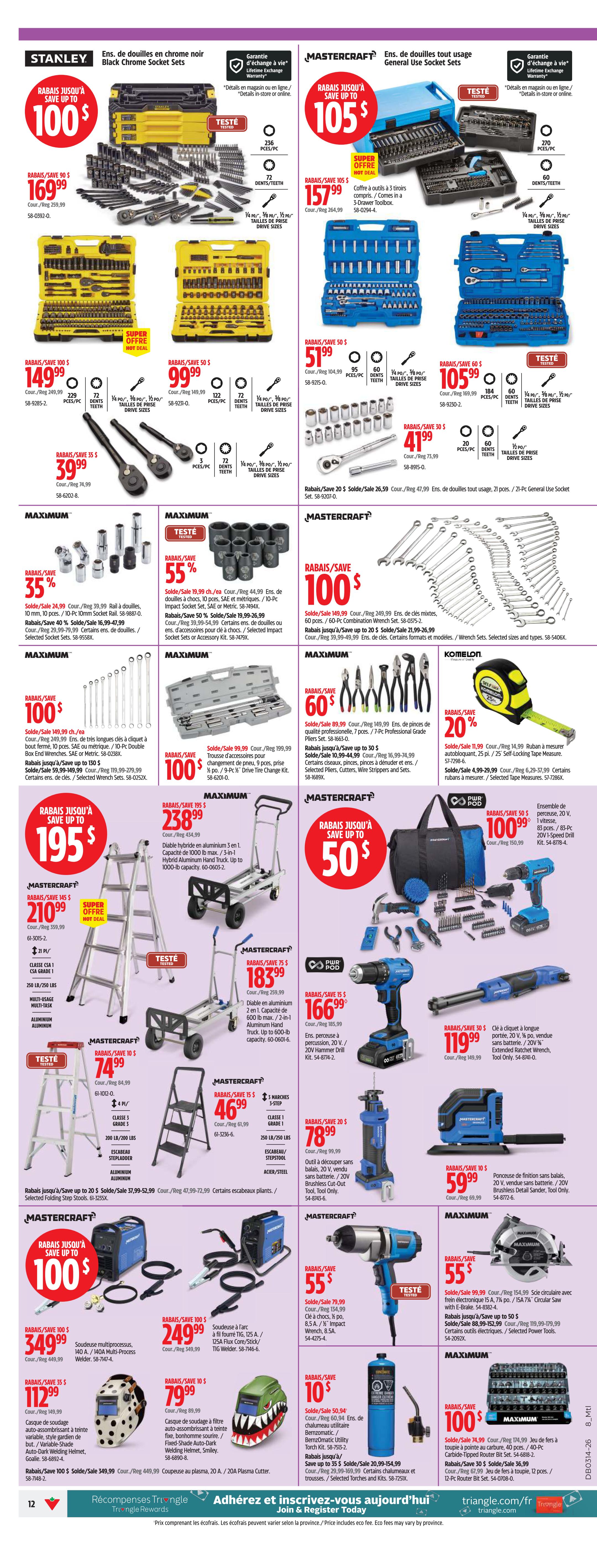 Canadian Tire weekly flyer specials page 12, featuring a variety of tools and equipment. Top row includes Stanley Black Chrome Socket Sets for $100, Mastercraft General Use Socket Sets for $105, a Mastercraft 157-piece socket set for $157.99, and a Mastercraft 60-piece socket set for $51.99. Other featured items include Mastercraft socket sets, wrenches, and a Komelon tape measure. Middle section showcases Maximum socket sets, Mastercraft toolboxes, and a Mastercraft drill. Lower section highlights Mastercraft welding equipment, including a multi-process welder for $349.99, a flux core welder for $249.99, and welding helmets starting at $79.99. Also featured are Mastercraft ladders, hand trucks, a drill, a circular saw, and a propane cylinder. Prices and savings are clearly displayed for each item.