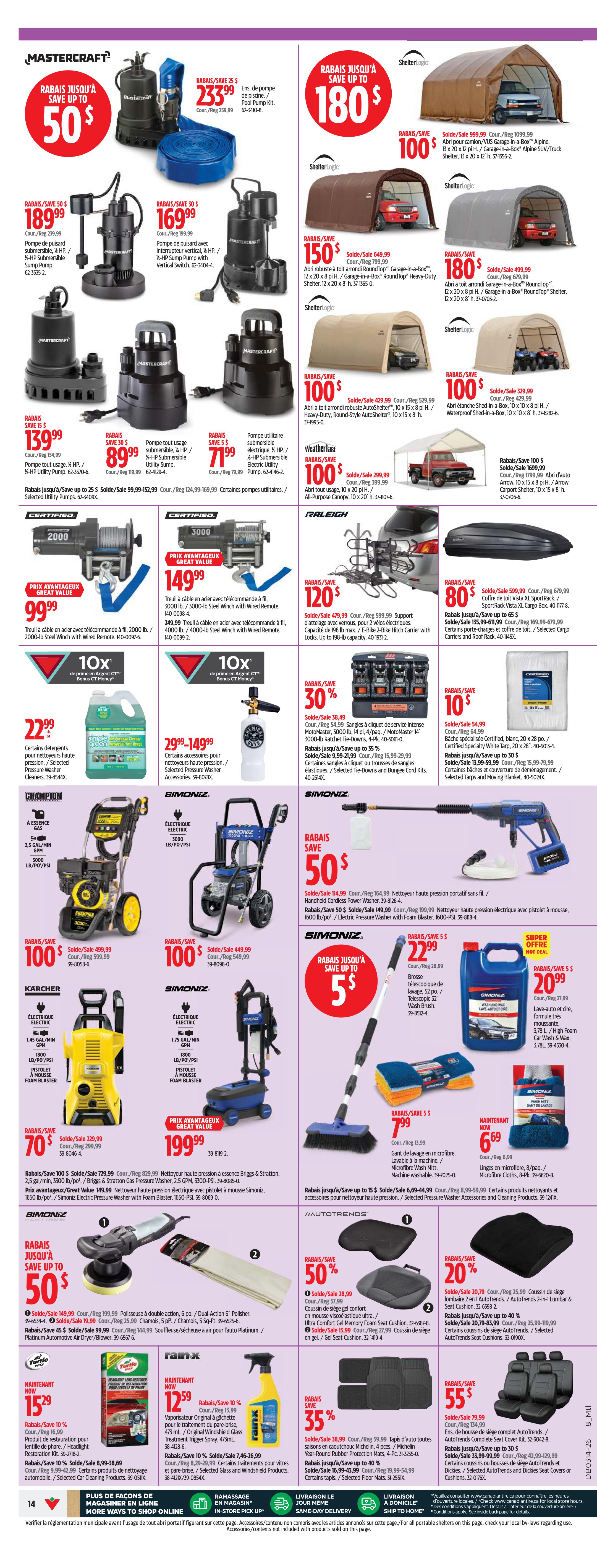 Canadian Tire weekly flyer specials page 14 featuring a wide range of Mastercraft, ShelterLogic, Karcher, SimoniZ, Champion, AutoTrends, and Rain-X products. Deals include Mastercraft submersible pumps starting at $169.99, Mastercraft 2000 lb. and 3000 lb. steel winches with wired remotes for $99.99 and $149.99 respectively. Save up to 50% on select Mastercraft tools and accessories. ShelterLogic garages and carports are available from $100 to $180. Karcher electric pressure washers are on sale for $70, and SimoniZ electric pressure washers are $100. Rain-X windshield washer fluid is $12.59, and select Rain-X car care products are 35% off. AutoTrends seat cushions are up to 50% off, and complete seat cover kits are $55. Also featured are various cleaning supplies, car accessories, and portable shelters.