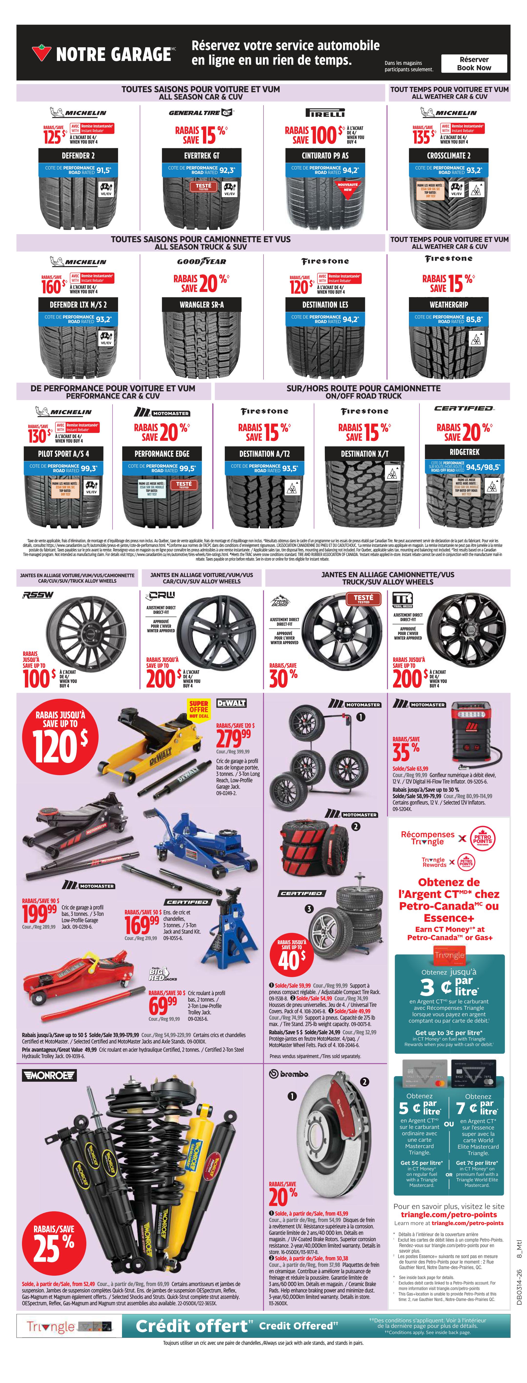 Canadian Tire weekly flyer specials page 16 features a wide selection of tires and automotive accessories. All-season tires for cars and SUVs include Michelin Defender 2 at $125 each when you buy 4, General Tire EverTrek GT with 15% off, and Pirelli Cinturato P9 AS at $100 save when you buy 4. All-weather tires for cars and SUVs include Michelin CrossClimate 2 at $135 each when you buy 4. All-season tires for trucks and SUVs include Goodyear Wrangler SR-A with 20% off, Firestone Destination LE3 at $120 each when you buy 4, Firestone Destination X/T with 15% off, and Certified Ridgetrek with 20% off. Performance tires for cars and SUVs include Michelin Pilot Sport A/S 4 at $130 each when you buy 4, Motomaster Performance Edge with 20% off, Firestone Destination A/T2 with 15% off. Also featured are alloy wheels: RSSW wheels with up to $100 save when you buy 4, CRW wheels with up to $200 save when you buy 4, and TR wheels with 30% off. Automotive service is promoted with 'Notre Garage' and a booking option. Heavy-duty equipment includes DeWalt 3-tonne long reach, low-profile garage jacks for $279.99 (save $120), Motomaster 3-tonne low-profile garage jacks for $199.99 (save $90), Certified 3-tonne jack and stand kits for $169.99 (save $50), and Motomaster 2-tonne low-profile trolley jacks for $69.99 (save $30). Monroe shock absorbers and struts are on sale with 25% off. Brembo brake rotors and pads are 20% off. A Petro-Canada offer allows earning CT Money or Essence with Triangle Rewards. Get up to 3 cents per litre on fuel with a Triangle Mastercard. Credit offered is available.