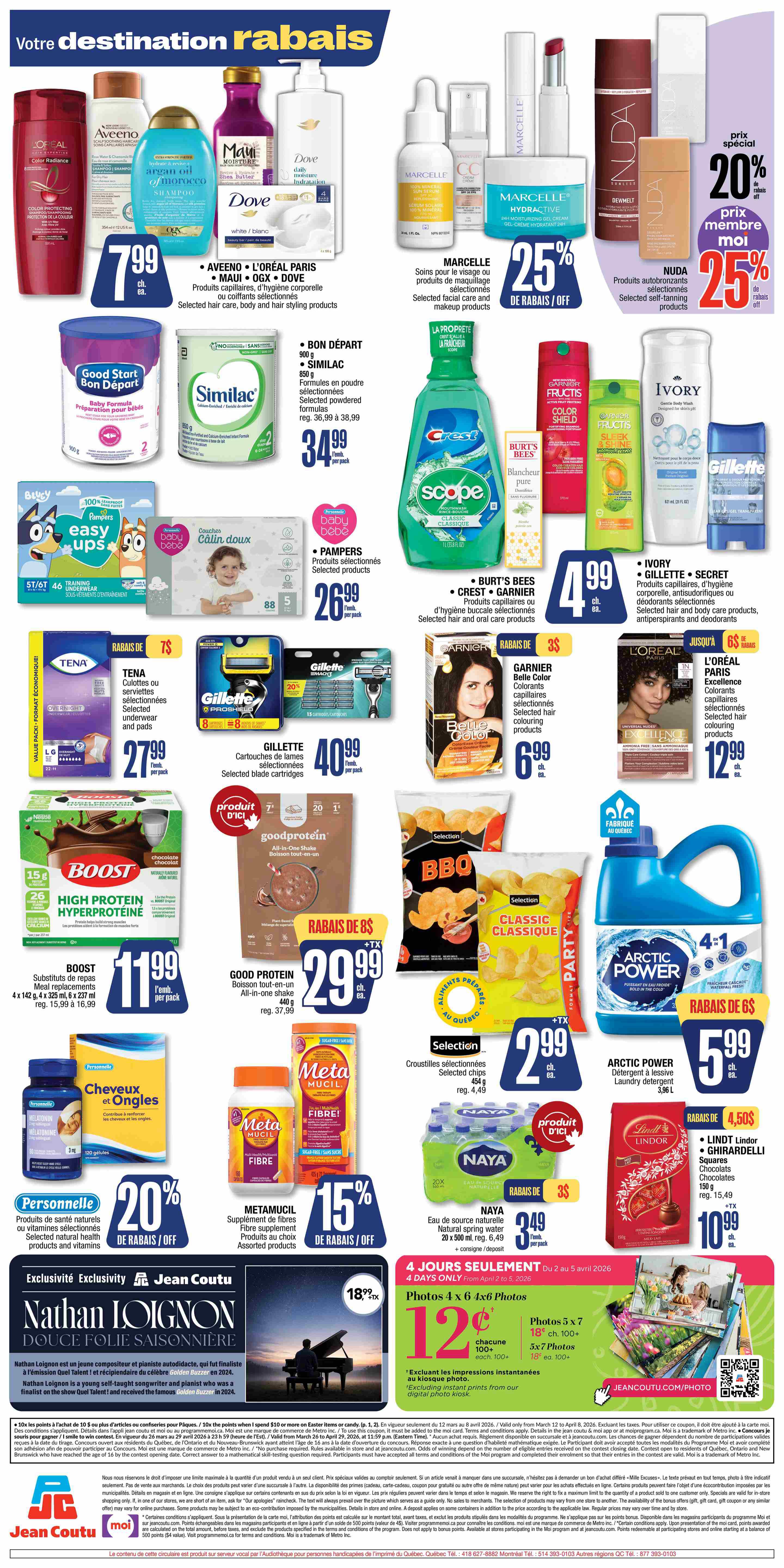 Jean Coutu weekly flyer specials page 2 features a wide variety of products. Top deals include Aveeno, Marcelle, and Dove hair care and body products starting at $7.99. Similac powdered formulas are on sale for $34.99. Crest, Scope, Burt's Bees, Garnier, and Ivory personal care items are featured with discounts up to 25% off. Gillette selected blade cartridges are $40.99. Boost High Protein meal replacements are $11.99. Good Protein all-in-one shakes are $29.99. Selection chips are $2.99. Arctic Power laundry detergent is $5.99. Meta Mucil fibre supplements are 15% off. Naya natural spring water is $2.49. Lindt & Ghirardelli chocolates are $10.99. Also featured are Tena selected underwear and pads for $27.99, and selected personal health products and vitamins with 20% off. The page also highlights a '4 Jours Seulement' (4 days only) offer on photos from April 2 to April 5, with prints starting at $0.12 each. A special feature includes 'Exclusivity Jean Coutu' with musician Nathan Lajoie, with details on a contest for a chance to win Easter items or candy.