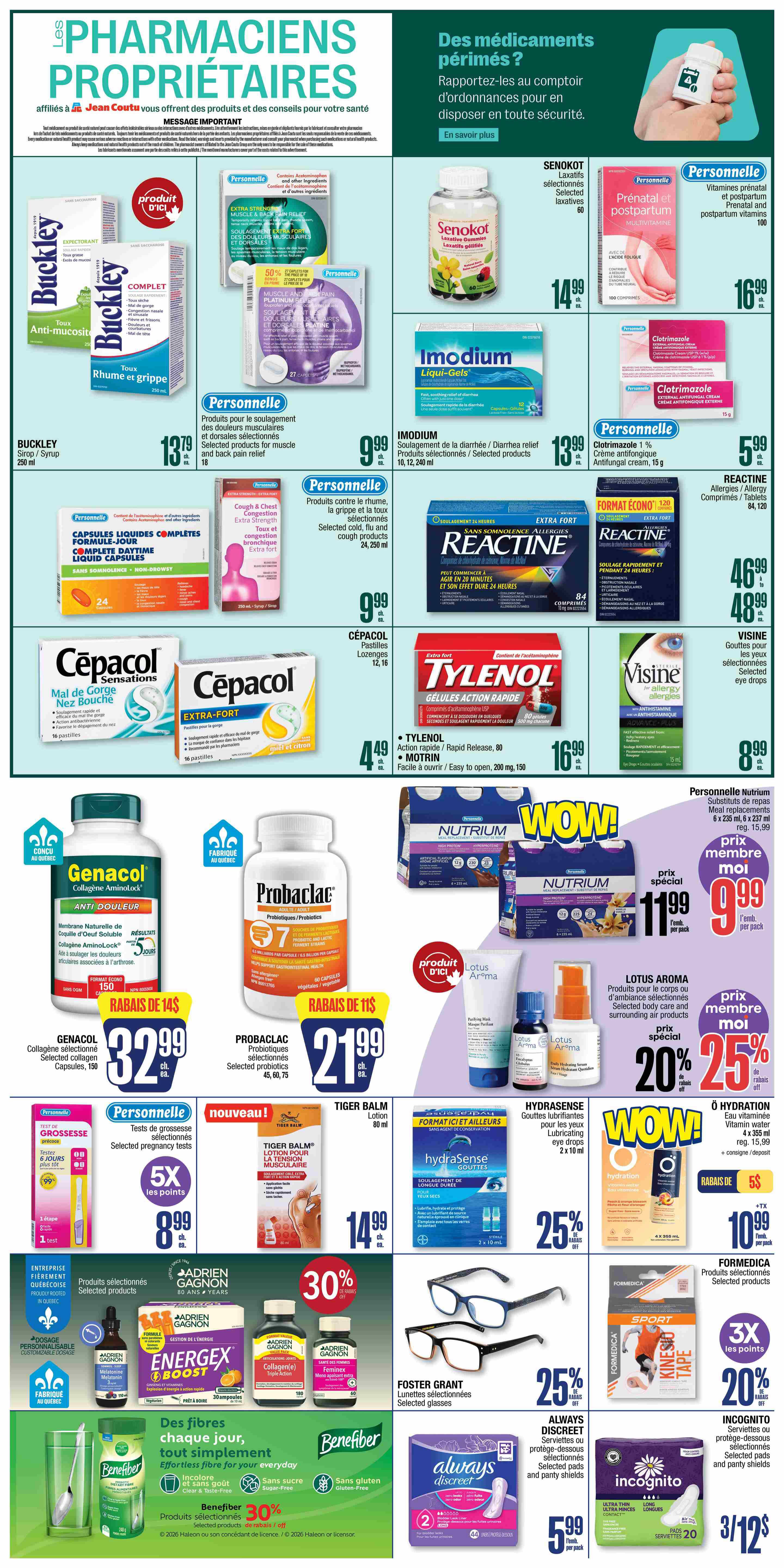Jean Coutu Weekly Flyer Specials Page 5. Featured products include Buckley Syrup/Syrup 250 ml for $13.79, Senokot Laxatives for $14.99, Imodium Liqui-Gels for $9.99, and Clotrimazole 1% Antifungal Cream for $5.99. Also on sale are Personnelle Cough & Chest Congestion Extra Strength for $9.99, Personnelle Cold, Flu and Cough products for $9.99, and Cepacol Sensations and Extra-Fort lozenges for $4.49. Tylenol Action Rapid/Release and Motrin are available for $16.99. Visine eye drops are $8.99. Genacol Collagen AminoLock is $32.99 with a $14 rebate. Probiotics from ProBaclac are $21.99. Lotus Aroma products are 25% off, with a special price of $11.99 per pack for Nutrium meal replacements. Hydrasense lubricating eye drops are 25% off. O Hydration Vitamin water is $10.99 with a $5 rebate. Selected pregnancy tests are 5x the points, priced at $8.99. Tiger Balm lotion is $14.99. Adrien Gagnon products, including Energex Boost and Collagen, are featured with a 30% discount. Foster Grant selected glasses are 25% off. Always Discreet pads and panty shields are $5.99. Formedica Kinesio Tape is 20% off, with 3x the points. Incognito selected pads and panty shields are 3 for $12.