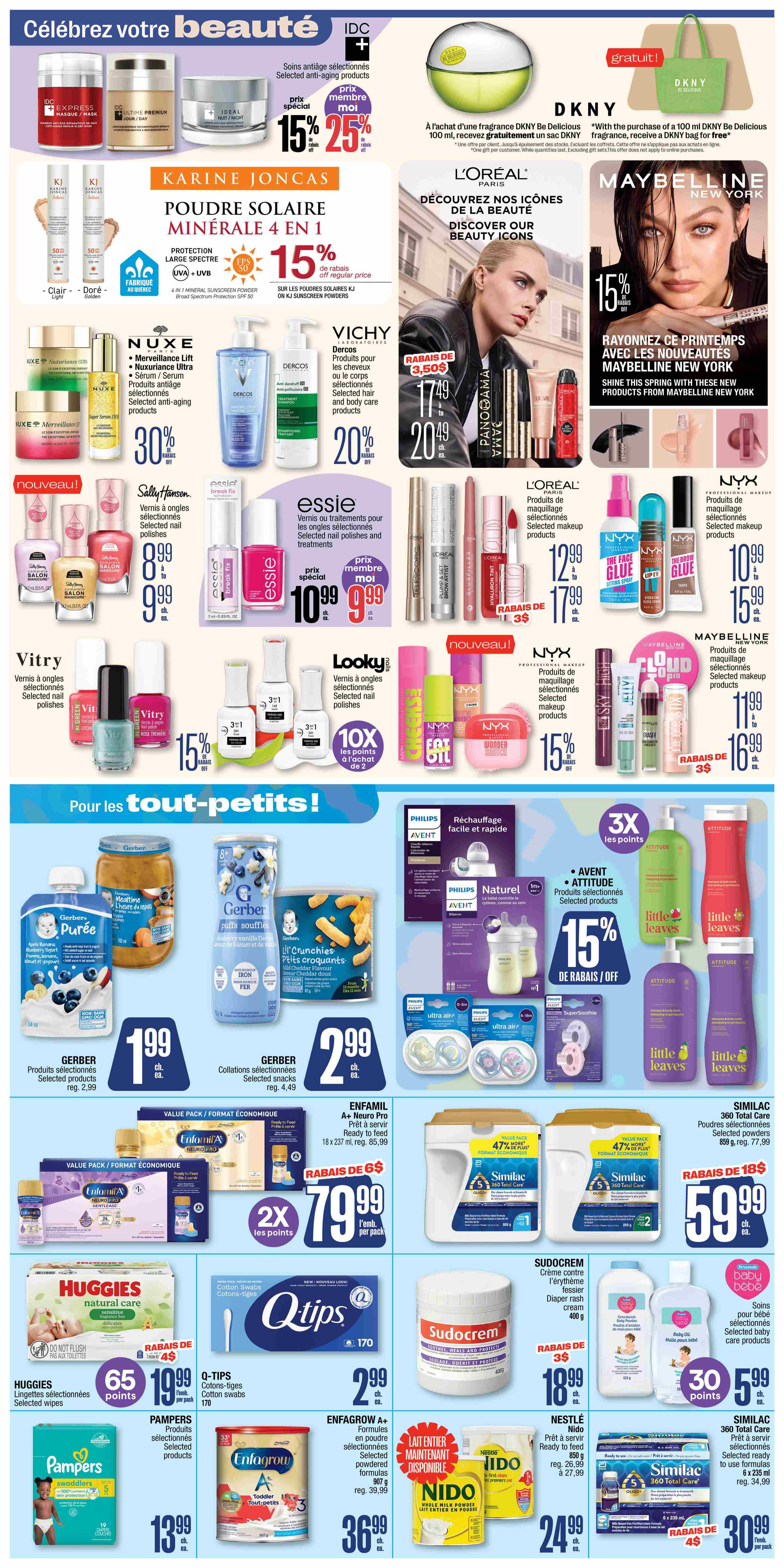 Jean Coutu weekly flyer specials page 7 features a wide variety of beauty and baby care products. Top section highlights IDC+ anti-aging products with a special price of 15% to 25% off for members. Karine Joncas Mineral Sunscreen SPF 50 is 15% off. Nuxe Merveillance Lift and Vichy Dercos hair and body care products are 30% and 20% off respectively. Sally Hansen and Essie nail polishes are on sale, with Essie offering 10x points on select purchases. Vitry nail polishes are 15% off. Maybelline New York makeup is 15% off, featuring new spring products. L'Oreal makeup and NYX professional makeup are also featured with prices starting at $10.99 and $12.99. The bottom section, 'For the little ones!', includes Gerber Puree and snacks, with selected products at $1.99 and $2.99. Enfamil A+ Neuro Pro formula is on sale for $7.99 per can, with 2x points. Huggies selected wipes are 65 points with a $4 discount. Q-Tips cotton swabs are $2.99. Sudocrem diaper rash cream is $18.99 with a $3 discount. Enfagrow A+ selected formulas are $36.99. Nestlé Nido whole milk powder is $24.99. Similac 360 Total Care powders are on sale for $59.99 and $30.99, with savings up to 47% and $18 off. Baby care products from Attitude and Little Bites are also featured with 15% off and 3x points.