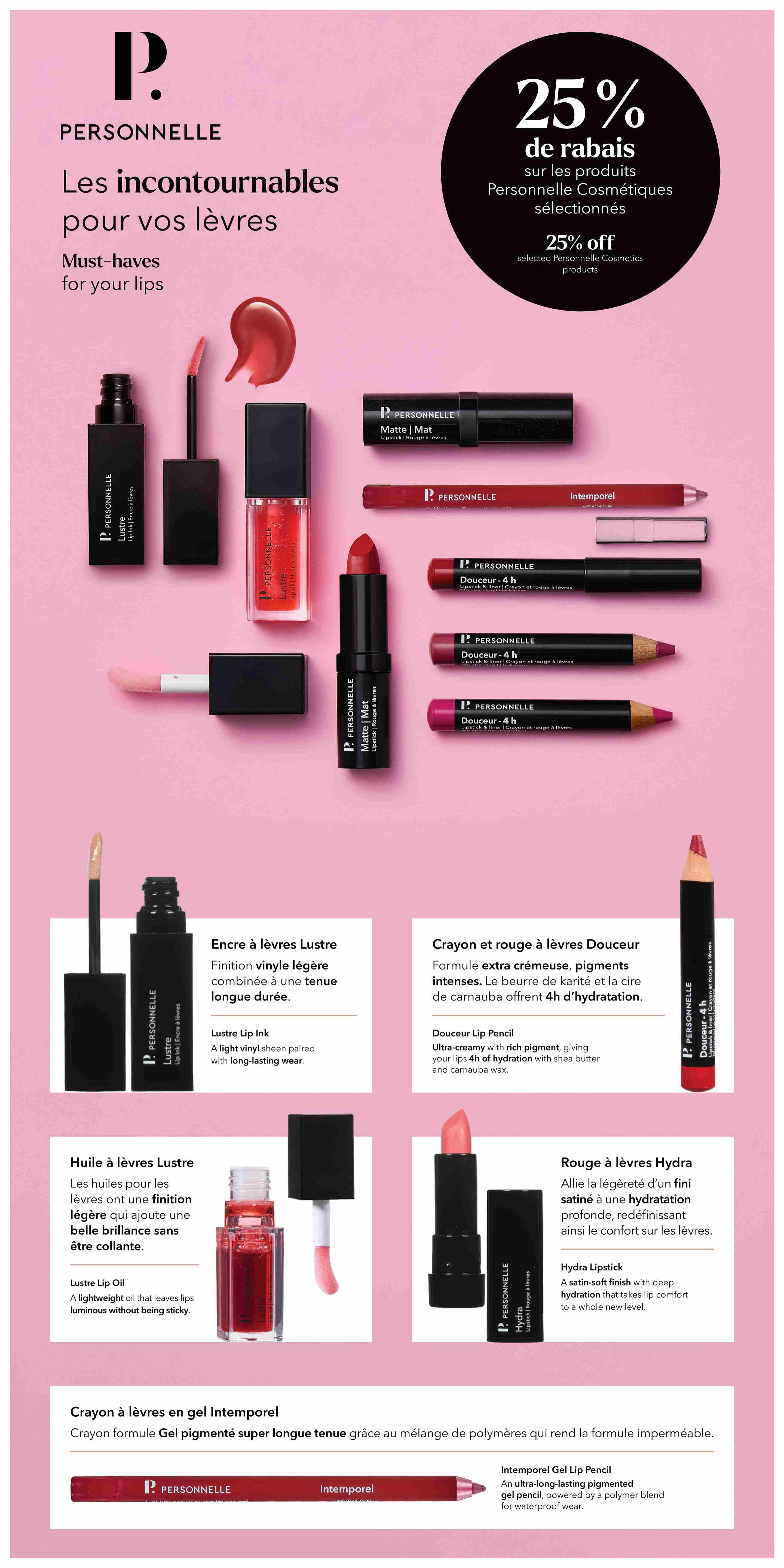 Jean Coutu flyer, page 8, featuring Personnelle must-haves for your lips with a 25% off sale on selected Personnelle Cosmetics products. Products shown include Personnelle Matte Lipstick in various shades, Personnelle Douceur-4h Lipstick & Liner Crayons in red and pink, Personnelle Lustre Lip Ink for a light vinyl sheen with long-lasting wear, Personnelle Lustre Lip Oil for luminous, non-sticky lips, Personnelle Hydra Lipstick with a satin-soft finish and deep hydration, and the Personnelle Intemporel Gel Pencil for ultra-long-lasting, waterproof wear.