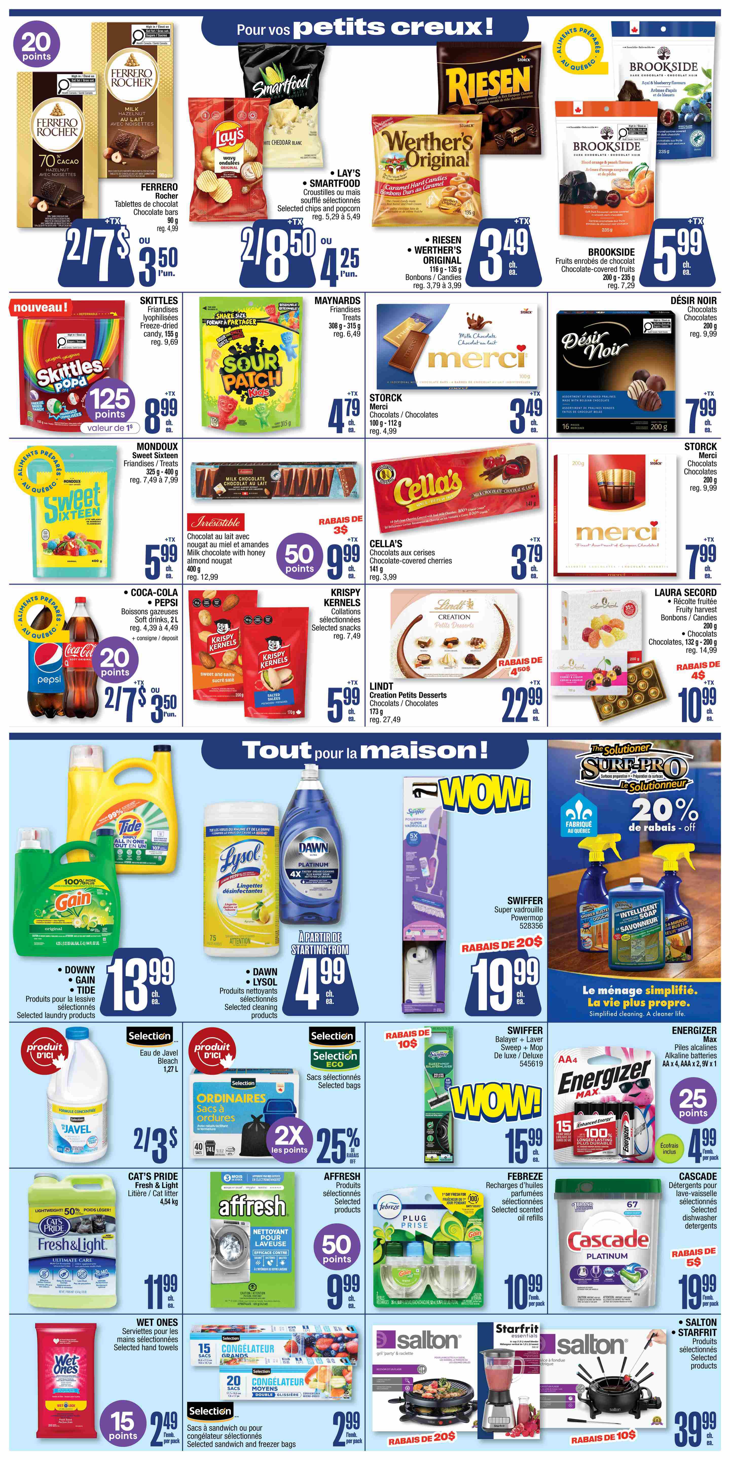 Jean Coutu weekly flyer specials page 9 features a wide variety of products for 'Our Little Ones' and 'Everything for the Home'. For snacks, find Ferrero Rocher chocolates at 2 for $7.50, Lay's Smartfood popcorn and chips at 2 for $8.50, and Riesen or Werther's Original candies for $3.49. Skittles, Sour Patch Kids, and Mondoux Sweet Sixteen are also available. Chocolate lovers can choose from Merci, Cella's, Desir Noir, and Laura Secord chocolates, with prices starting at $3.49. Coca-Cola and Pepsi soft drinks are 2 for $3.50. For household cleaning, Tide, Gain, Downy laundry products are 2 for $13.99. Lysol disinfecting wipes are $4.99. Dawn Platinum dish soap is also $4.99. Swiffer products like the Super Vapodryll Power Mop are $19.99, and the Balayer + Laver Sweep + Mop is $15.99. Energizer Max alkaline batteries are $4.99 with 25 bonus points. Cascade Platinum dishwasher detergent is $19.99. Affresh washing machine cleaner is $9.99 with 50 bonus points. Febreze air freshener refills are $10.99. Selection brand selected bags are on sale. Javel bleach is 2 for $3. Wet Ones selected hand towels are 2 for $5.49. Salton and Starfrit kitchen appliances, including grills and blenders, are featured with discounts.