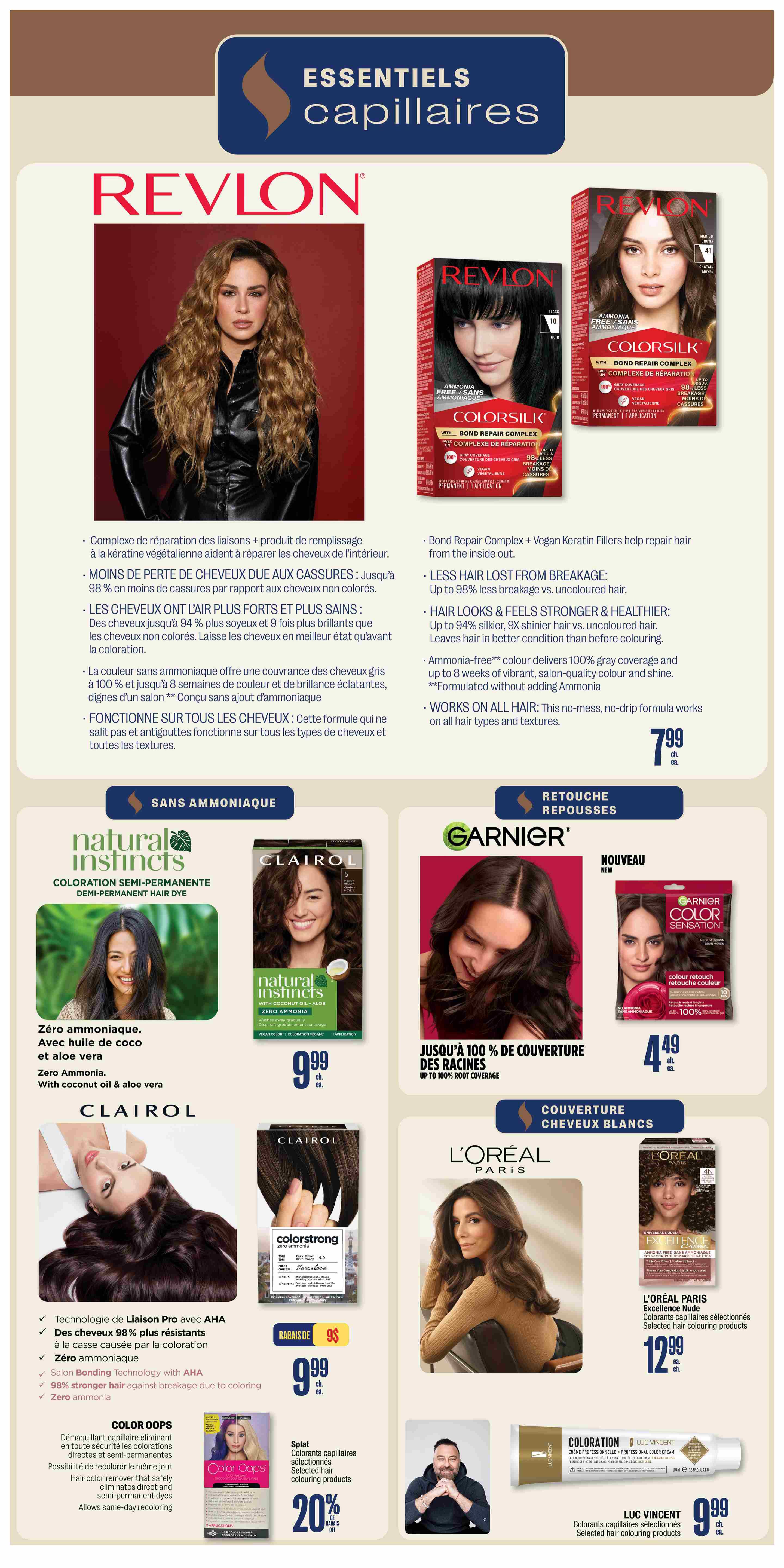 Jean Coutu weekly flyer specials page 10 features hair colour essentials. Revlon Colorsilk hair colour is on sale for $7.99, offering ammonia-free permanent hair dye with Bond Repair Complex for healthier hair. Clairol Natural Instincts semi-permanent hair dye, with coconut oil and aloe vera, is available for $9.99. Clairol Colorstrike hair colour is also $9.99, featuring Salon Bonding Technology with AHA and zero ammonia. Splat selected hair colouring products are 20% off. Garnier Nutrisse hair colour offers up to 100% root coverage for $4.49. L'Oréal Paris Excellence Nude hair colour is priced at $12.99. Luc Vincent hair colour products are $9.99.