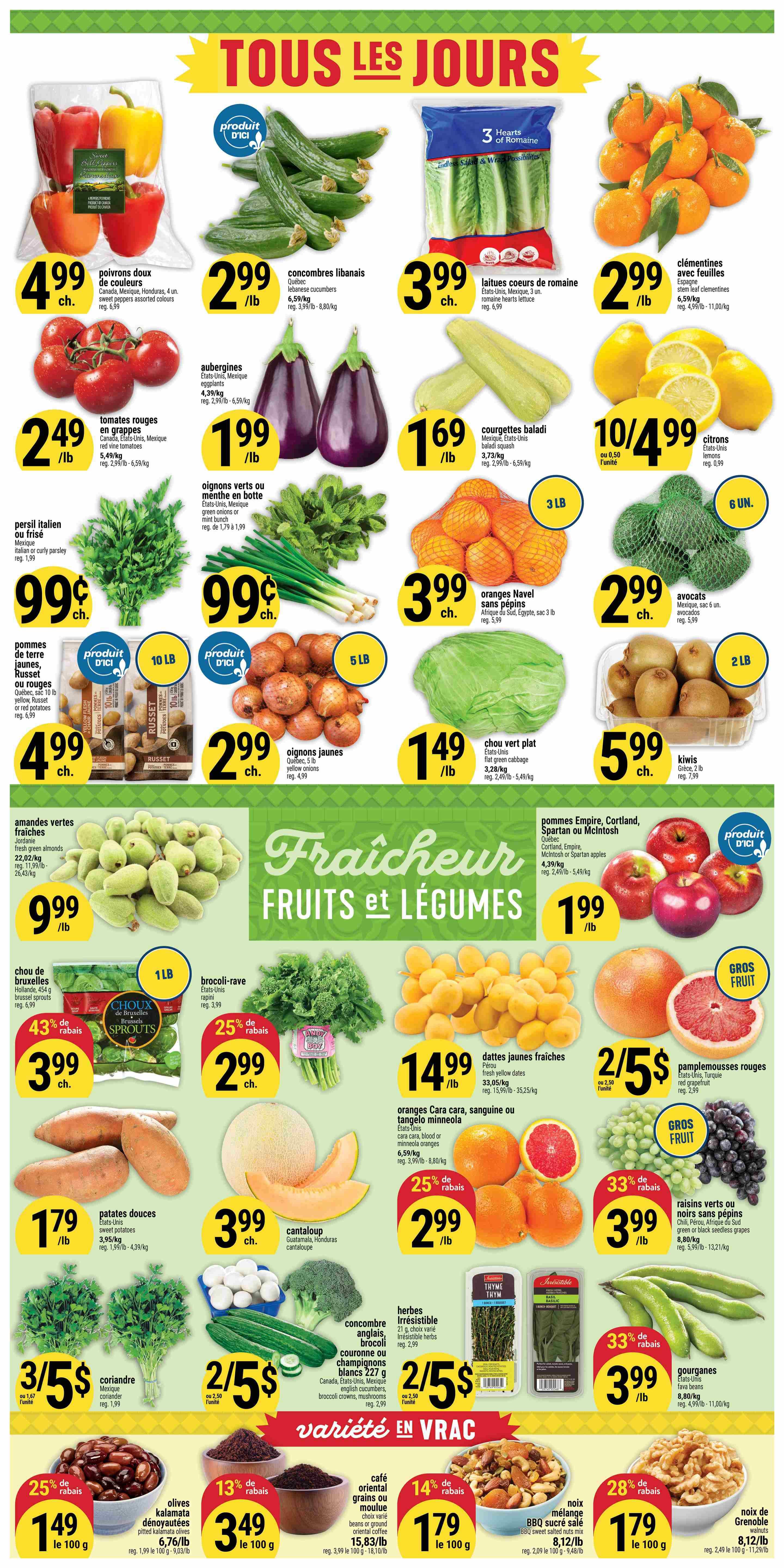 Adonis weekly flyer specials page 3 features a wide variety of fresh fruits and vegetables. Highlights include sweet peppers assorted colours for $4.99/lb, Lebanese cucumbers for $2.99/lb, and romaine hearts lettuce for $3.99 each. Also featured are red cluster tomatoes for $2.49/lb, eggplants for $1.99/lb, and baladi zucchini for $1.69/lb. Enjoy fresh Italian or curly parsley for $0.99 each, green onions for $0.99 each, and Navel oranges for $3.99 each. Russet or red potatoes are $4.99 for a 10 lb bag, and yellow onions are $2.99 for a 5 lb bag. Fresh green almonds are $9.99/lb. Brussels sprouts are on sale for $3.99 each with a 43% discount. Broccoli-rave rapini is $2.99/lb with a 25% discount. Fresh yellow dates are $14.99/lb. Cara Cara, blood or minneola oranges are 2/$5. Red grapefruit is $2.99/lb. Cantaloupe is $3.99 each. Green grapes are 2/$5. Red seedless grapes are $3.99/lb with a 33% discount. Sweet potatoes are $1.79/lb. English cucumbers, broccoli crowns, or mushrooms are 2/$5. Irresistible herbs are $2.99. Green beans are $3.99/lb with a 33% discount. Also available are pitted Kalamata olives for $1.49 per 100g with a 25% discount, oriental grains or moule coffee for $1.79 per 100g with a 14% discount, BBQ sweet salted nuts mix for $1.79 per 100g with a 28% discount, and walnuts for $1.79 per 100g. Empire, Cortland, Spartan or McIntosh apples are $1.99/lb.
