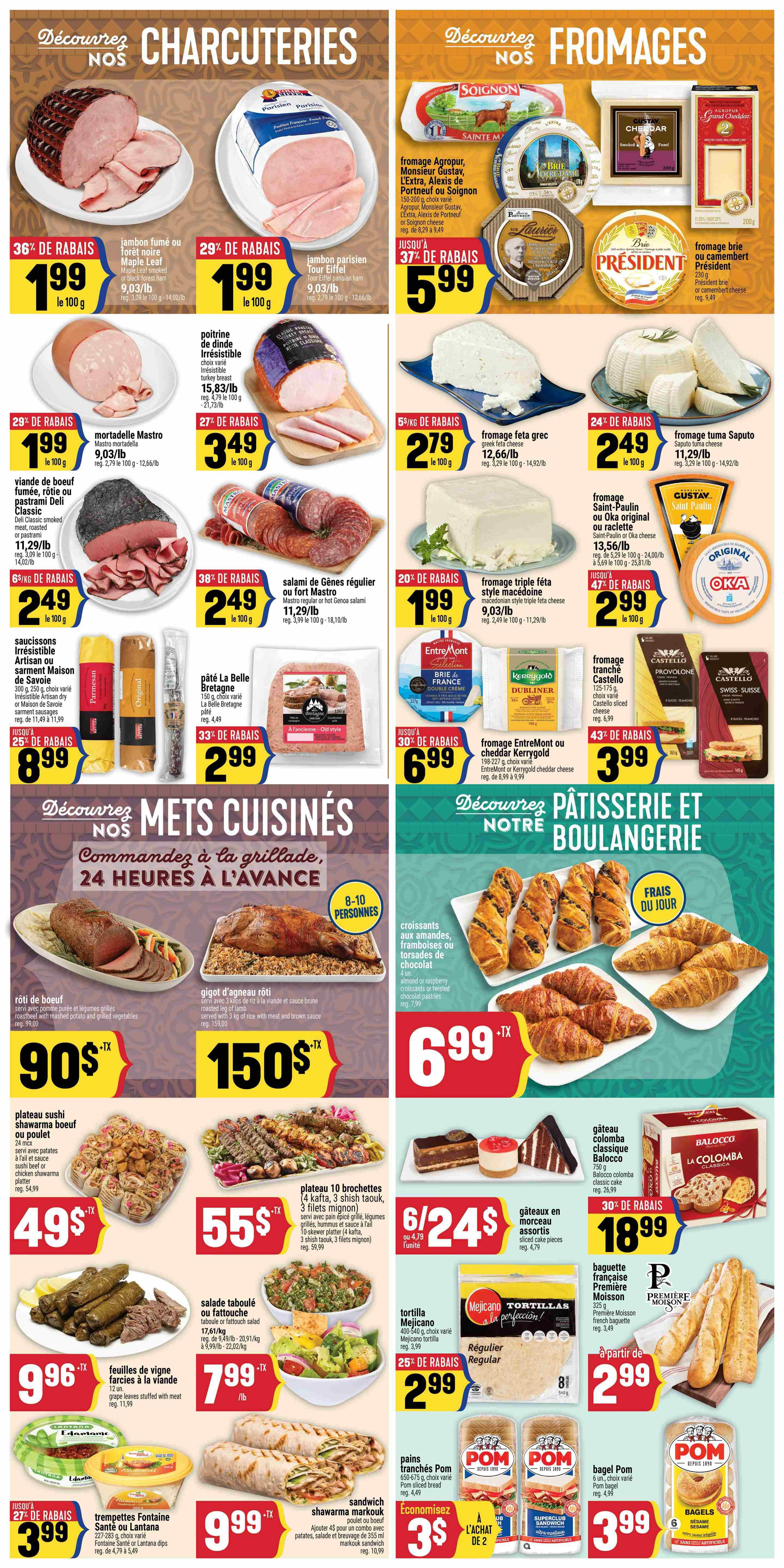 Adonis weekly flyer specials page 6, featuring Charcuterie, Cheese, Prepared Meals, and Bakery. Charcuterie highlights include smoked or black forest ham for $1.99/100g (36% off), Parisian ham for $1.99/100g (29% off), Mastro mortadella for $1.99/100g (29% off), and regular or hot Genoa salami for $2.49/100g (38% off). Cheese selections include Agropur, Monsieur Gustav, L'Extra, Alexis de Portneuf or Soignon cheese for $5.99 (37% off), Greek feta cheese for $2.79/100g (5% off/kg), and Saputo tuna cheese for $2.49/100g (24% off). Prepared meals offer roast beef for $90, roasted leg of lamb for $150, beef or chicken shawarma platter for $49.99, 10 brochette platter for $55, stuffed grape leaves for $9.96, and tabouleh or fatoush salad for $7.99/lb. Bakery items include croissants for $6.99, assorted cakes for $18.99, French baguettes from $2.99, and Pom sliced bread for $3.50 for 2. Also featured are Meijicano tortillas for $2.99 (25% off) and Pom bagels for $3.99.