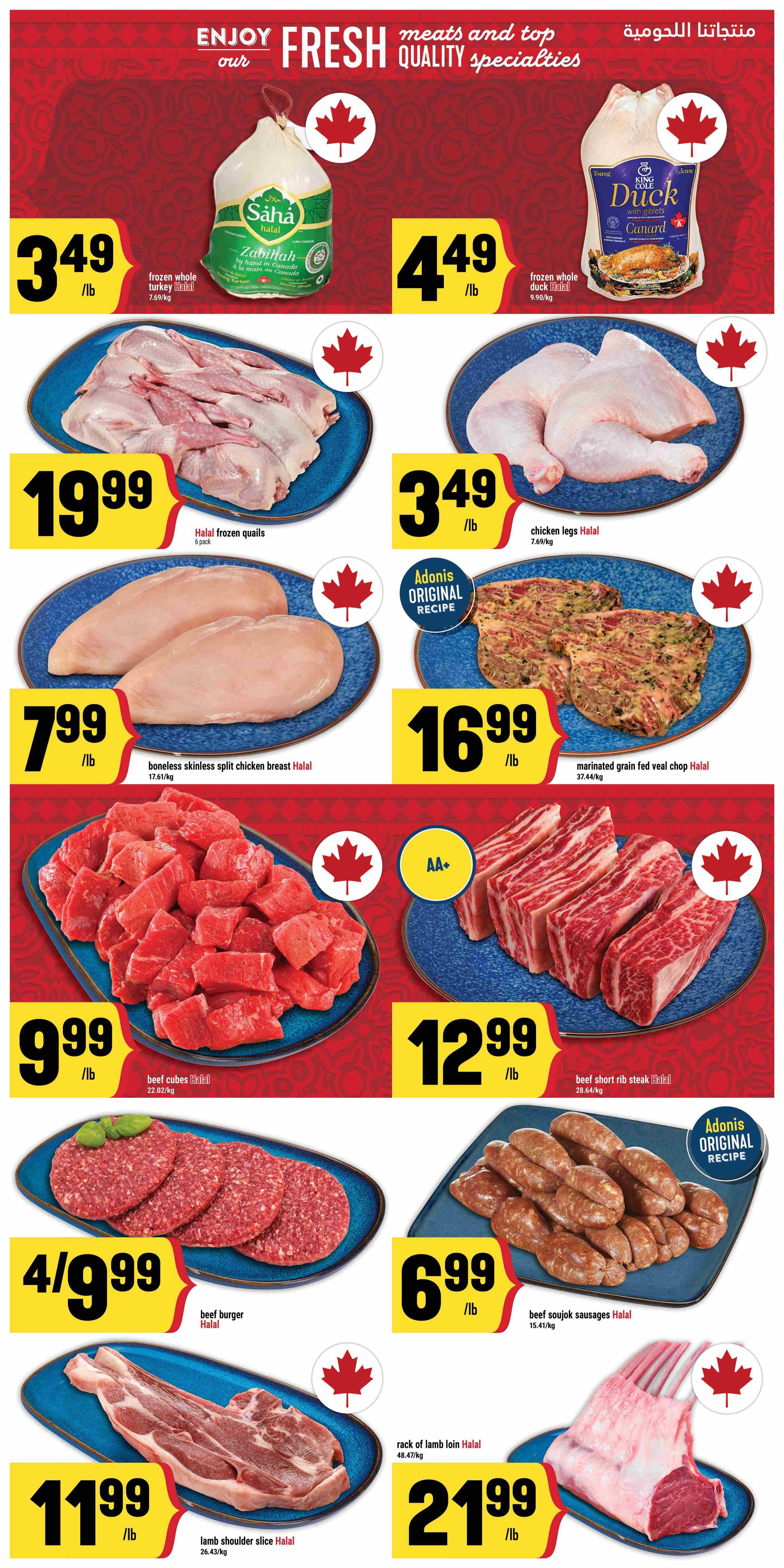 Adonis Ontario weekly flyer specials page 4 features a selection of fresh meats. Top row includes frozen whole turkey Halal for $3.49/lb and frozen whole duck Halal for $4.49/lb. Middle row showcases Halal frozen quails for $19.99/lb, chicken legs Halal for $3.49/lb, boneless skinless split chicken breast Halal for $7.99/lb, and marinated grain fed veal chop Halal for $16.99/lb. Bottom row offers beef cubes Halal for $9.99/lb, beef short rib steak Halal for $12.99/lb, beef burger Halal for 4 for $9.99, beef soujouk sausages Halal for $6.99/lb, lamb shoulder slice Halal for $11.99/lb, and rack of lamb loin Halal for $21.99/lb.