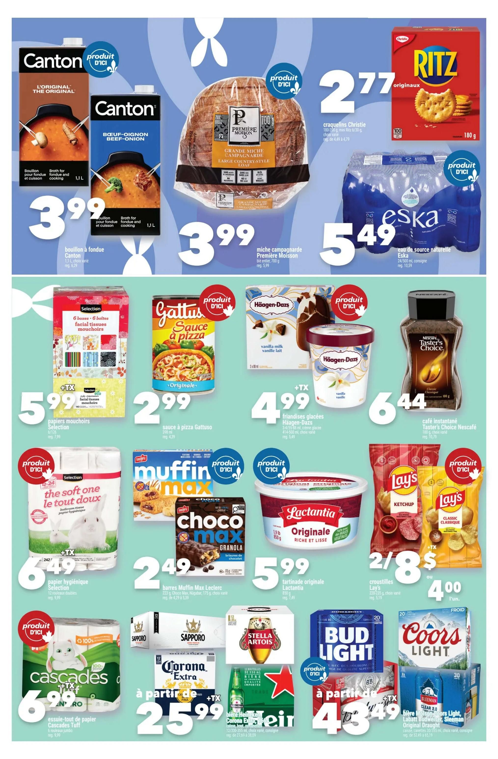 Marché Ami Weekly Flyer Specials Page 2: Features Canton Beef-Onion Broth for $3.99, Premiere Moisson Large Country-Style Bread for $3.99, Ritz Original Crackers for $2.77, and Eska Natural Spring Water 24x500mL for $5.49. Also available are Selection facial tissues 6x6 boxes for $5.99, Gattuso Pizza Sauce for $2.99, Häagen-Dazs ice cream for $4.99, and Nescafé Taster's Choice coffee for $6.44. Additional deals include Selection bathroom tissue 12x24 rolls for $6.49, Selection 'the soft one' bathroom tissue for $6.49, Leclerc Muffin Max Choco Granola bars for $2.49, Lactantia Original Margarine for $5.99, and Lay's Ketchup and Classic chips 2 for $8 or $4 each. Beer specials include Sapporo, Stella Artois, Bud Light, Coors Light, Sleeman Clear, and Corona Extra, with various pack sizes and prices starting from $25.99.