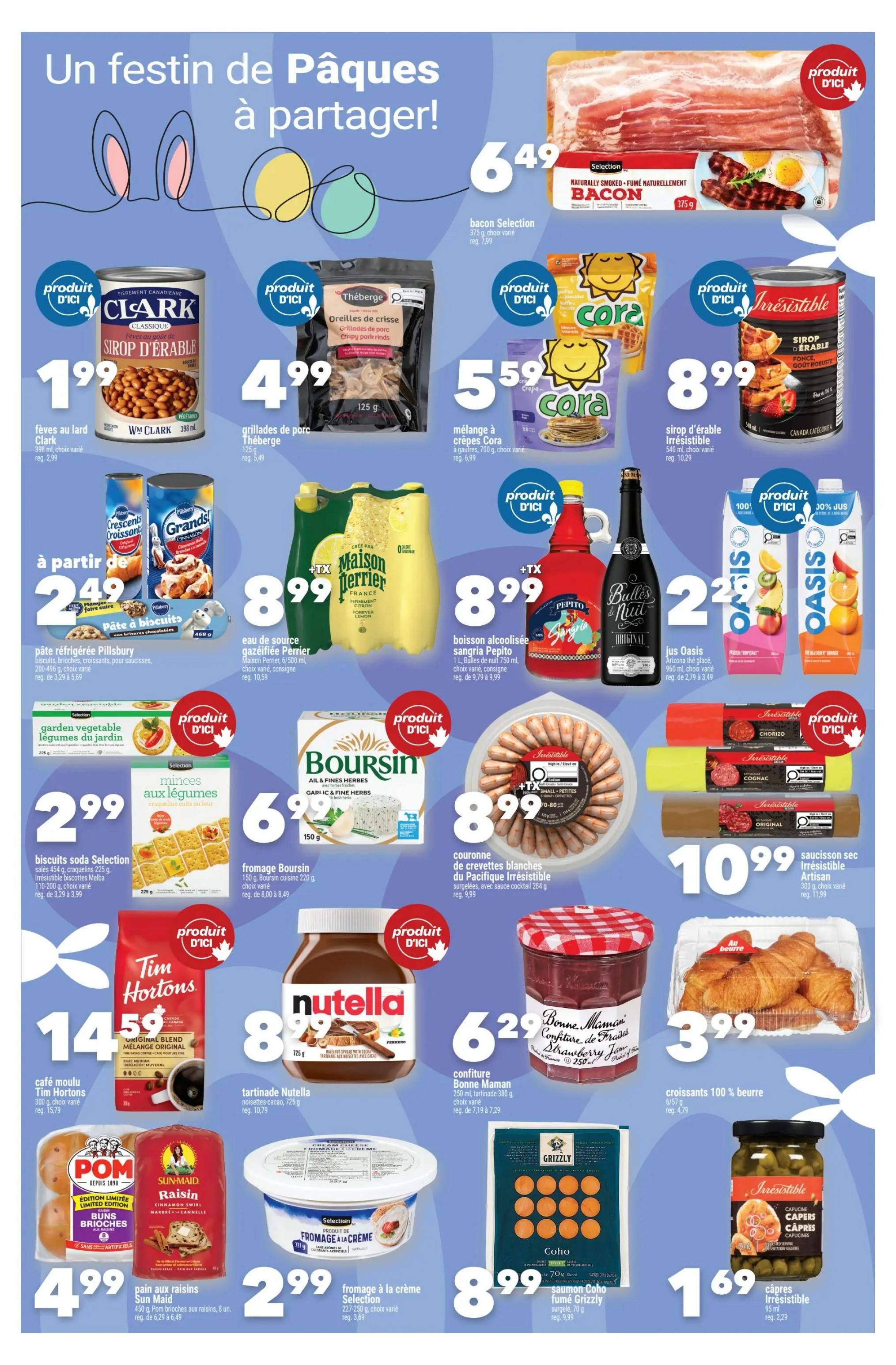 Marché Ami weekly flyer specials page 3 features a variety of Easter-themed deals. Highlights include Selection bacon for $6.49, Clark baked beans in maple syrup flavour for $1.99, Thèberge pork cracklings for $4.99, and Cora pancakes for $5.59. Also available are Irrésistible maple syrup for $8.99, Pillsbury refrigerated dough starting at $2.49, Maison Perrier sparkling water for $8.99, and Pepito sangria for $8.99. Oasis juice is on sale for $2 for 2 cartons. Other deals include Selection garden vegetable medley for $2.99, Selection soda crackers for $2.99, Boursin garlic and fine herbs cheese for $6.99, Irrésistible white shrimp for $8.99, and Irrésistible dry sausage for $10.99. Tim Hortons original blend coffee is $14.59. Nutella hazelnut spread is $8.99. Bonne Maman strawberry jam is $6.29. 100% butter croissants are $3.99 for 6/57g. POM Sun-Maid raisin brioche buns are $4.99. Selection cream cheese is $2.99. Grizzly smoked coho salmon is $8.99. Irrésistible capers are $1.69.