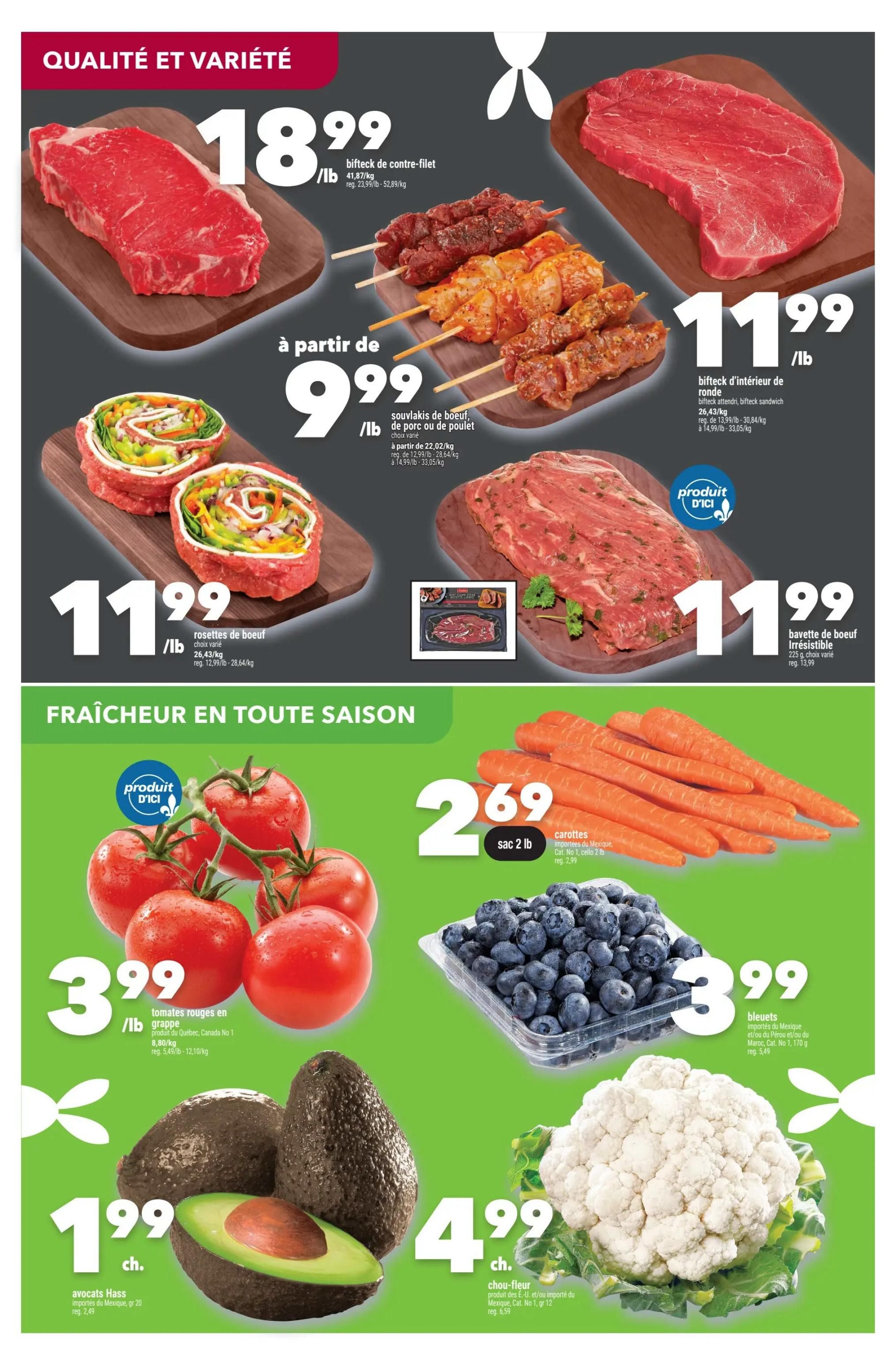 Marché Ami weekly flyer specials page 4 features quality and variety meat products including 'bifteck de contre-filet' (strip loin steak) for $18.99/lb, beef or chicken skewers starting at $9.99/lb, 'rosettes de boeuf' (beef rolls) for $11.99/lb, and 'bifteck d'intérieur de ronde' (inside round steak) for $11.99/lb. The page also highlights 'fraîcheur en toute saison' (freshness all season) with 'tomates rouges en grappe' (red vine tomatoes) for $3.99/lb, 'carottes' (carrots) in a 2 lb bag for $2.69, 'avocats Hass' (Hass avocados) for $1.99 each, 'bleuets' (blueberries) imported from Mexico for $3.99, and 'chou-fleur' (cauliflower) for $4.99 each.