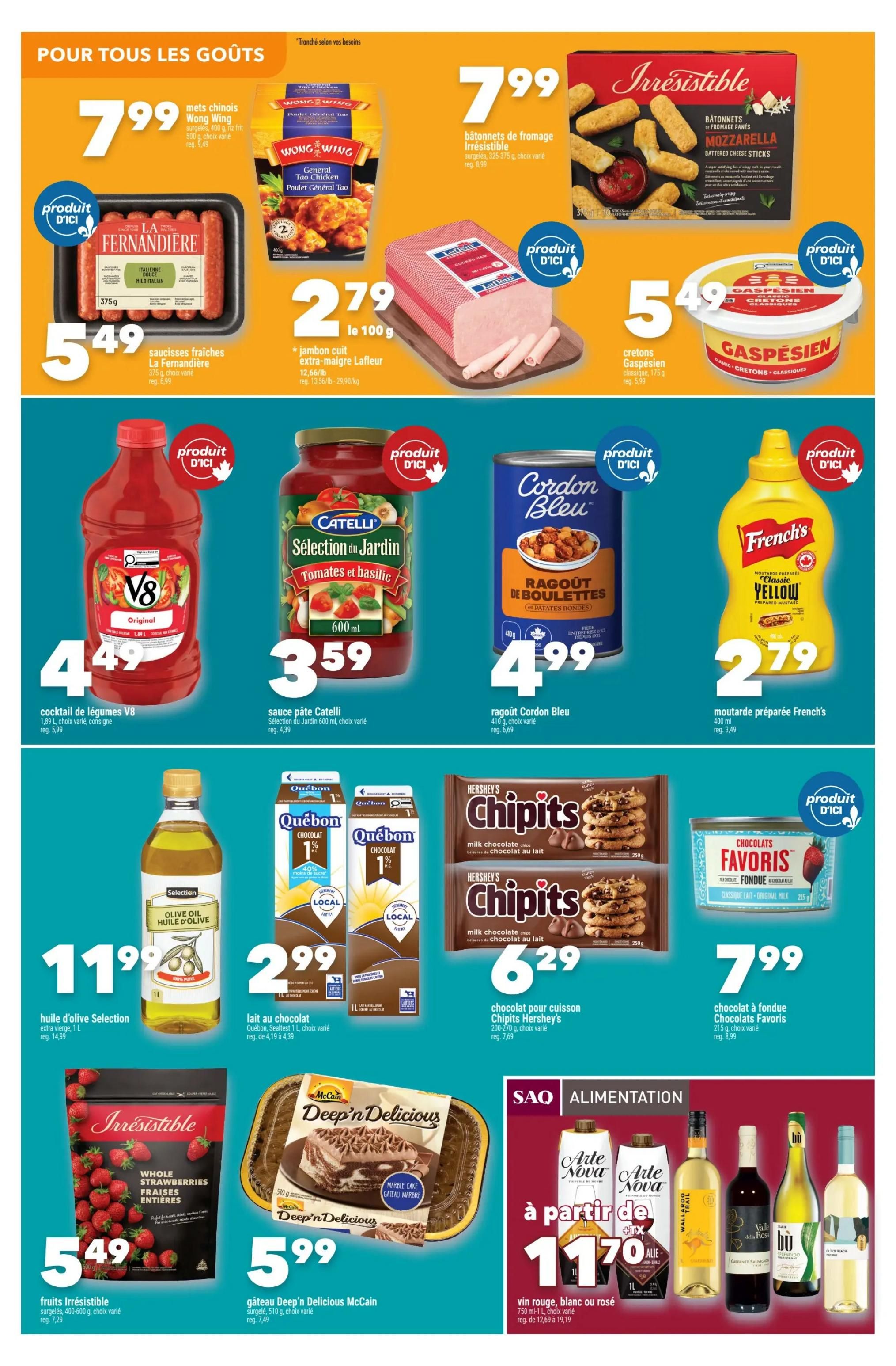 Marché Ami weekly flyer specials page 5. Featuring Wong Wing General Tao Chicken for $7.99, La Fernandière fresh sausages for $5.49, Irresistible brand mozzarella battered cheese sticks for $7.99, Lafleur cooked ham for $2.79 per 100g, Gaspésien cream cheese for $5.49, V8 vegetable cocktail for $4.49, Catelli Selection du Jardin pasta sauce for $3.59, Cordon Bleu beef ragout for $4.99, and French's prepared mustard for $2.79. Also available are Selection olive oil for $11.99, Quebec brand chocolate milk for $2.99, Hershey's Chipits chocolate chips for $6.29, Favoris chocolate fondue for $7.99, Irresistible frozen strawberries for $5.49, and McCain Deep'n Delicious marble cake for $5.99. The page also includes SAQ Alimentation specials on red, white, or rosé wine starting at $11.70.
