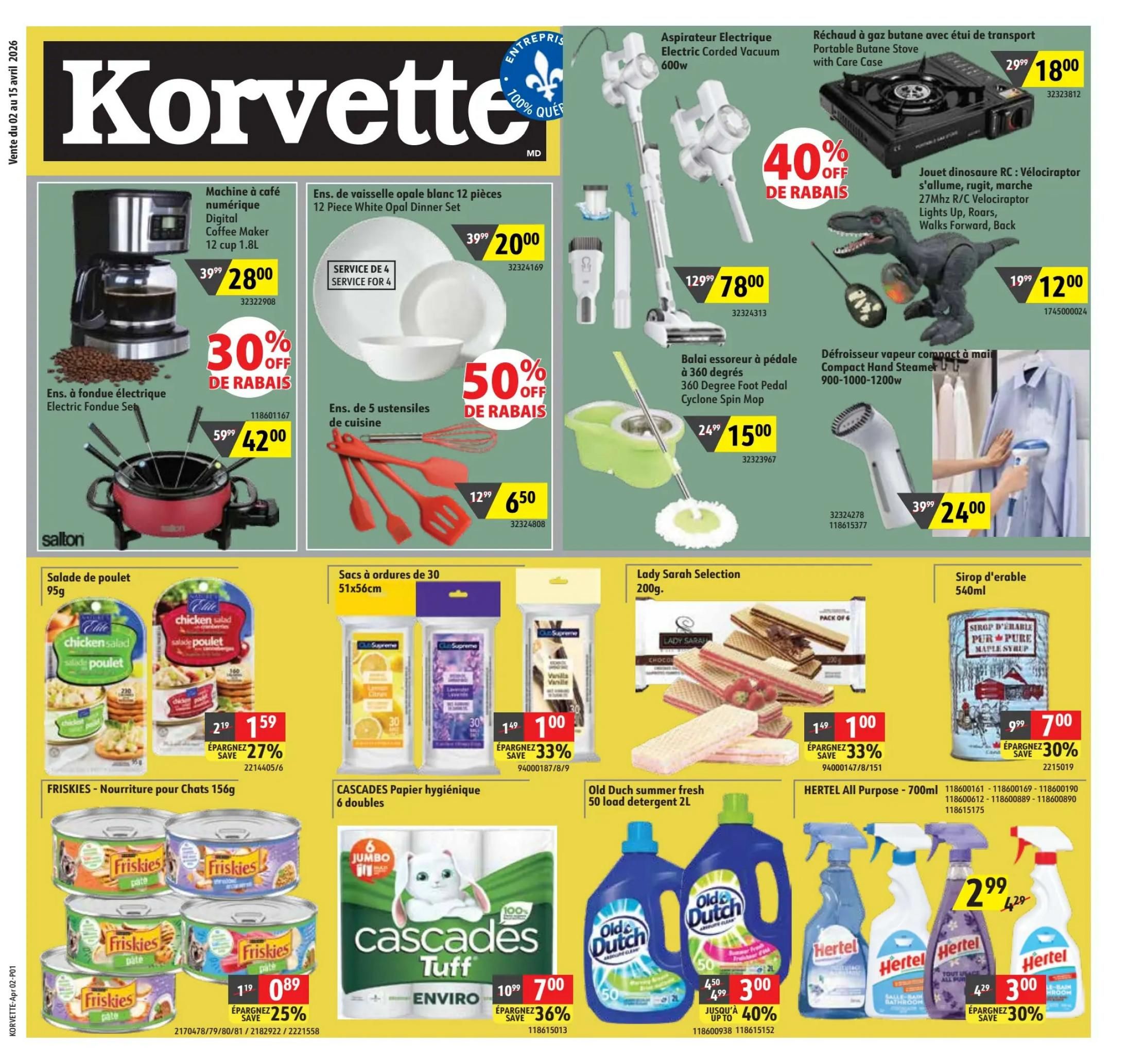 Korvette flyer specials page 1 featuring a Salton electric fondue set for $42.00 (30% off), a 12-cup coffee maker for $28.00, a 12-piece white opal dinner set for $20.00 (50% off), and a set of 5 kitchen utensils for $6.50. Also shown are a 600W electric corded vacuum for $78.00 (40% off), a portable butane stove with care case for $18.00, a 27MHz RC Velociraptor dinosaur toy for $12.00, a 360-degree foot pedal cyclone spin mop for $15.00, and a compact hand steamer for $24.00. Food items include 95g chicken salad for $1.59 (27% off), 30-pack of 51x56cm garbage bags, Lady Sarah Selection 200g wafers for $1.00 (33% off), and 540ml maple syrup for $7.00 (30% off). Also featured are 156g cans of Friskies cat food for $0.89 (25% off) and 6 double rolls of Cascades Tuff toilet paper for $7.00 (36% off). Hertel All Purpose cleaner 700ml is on sale for $3.00 (40% off).