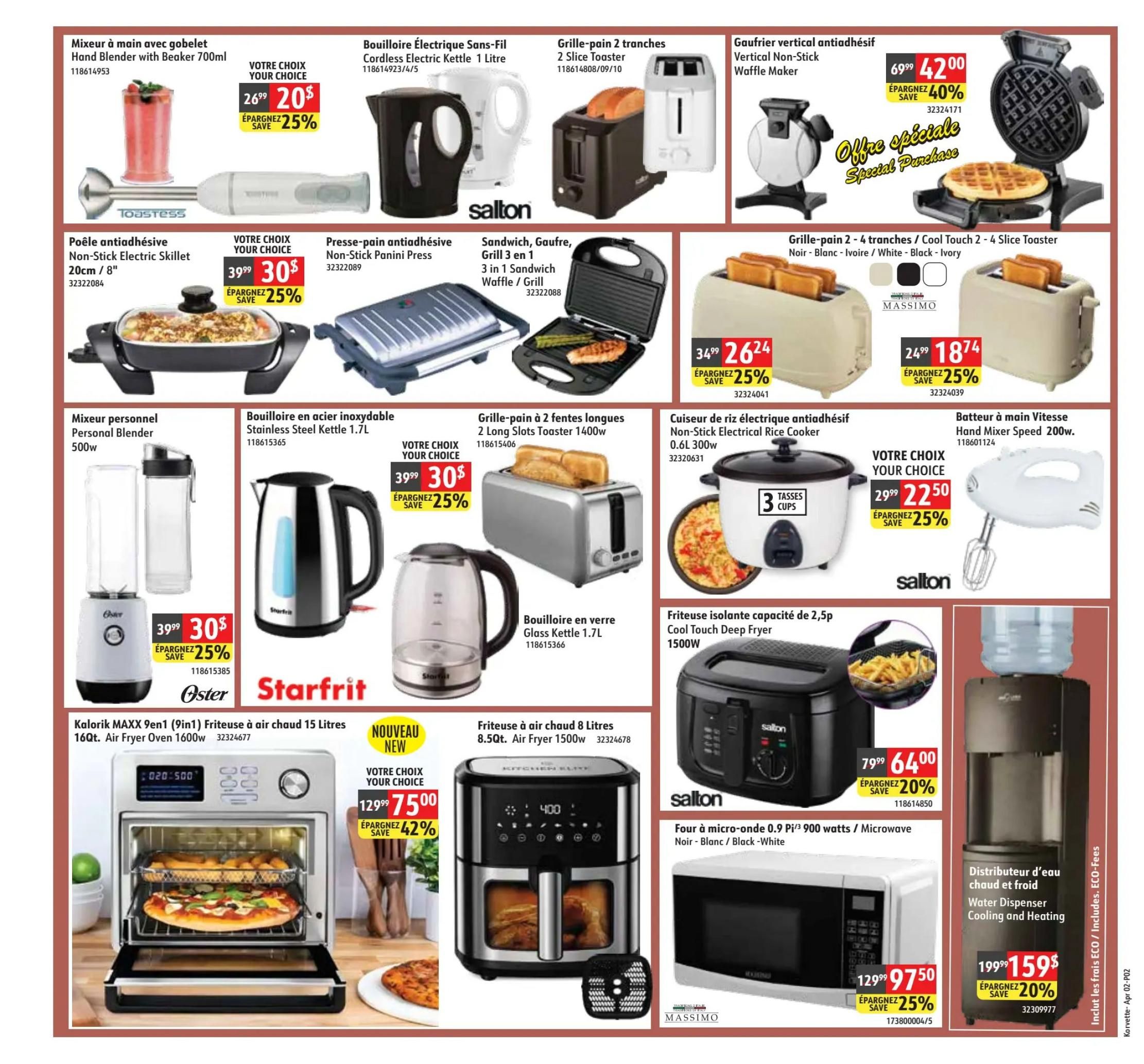 Korvette flyer specials page 2 features a variety of kitchen appliances. Top row includes a Toastess Hand Blender with Beaker for $20 (save 25%), a Salton Cordless Electric Kettle for your choice, a 2-slice toaster, and a Vertical Non-Stick Waffle Maker on special purchase for $42 (save 40%). The second row showcases a Non-Stick Electric Skillet 20cm/8' for $30 (save 25%), a Non-Stick Panini Press, a 3-in-1 Sandwich Waffle/Grill for your choice, and a Cool Touch 2-4 Slice Toaster in Black, White, or Ivory for $26.24 (save 25%). Below that, an Oster Personal Blender 500w is $30 (save 25%), a Starfrit Stainless Steel Kettle 1.7L is $30 (save 25%), a Glass Kettle 1.7L, a 2-slot toaster 1400w, and a Salton Non-Stick Electrical Rice Cooker is $22.50 (save 25%). The bottom row highlights a Kalorik MAXX 9-in-1 Air Fryer Oven 1600w for $75 (save 42%), a Kitchen Elite 8.5Qt Air Fryer 1500w for your choice, a Salton Deep Fryer 1500w for $64 (save 20%), and a Massimo Microwave 900 watts for $9.75 (save 25%). Finally, a Water Dispenser Cooling and Heating is $159 (save 20%).