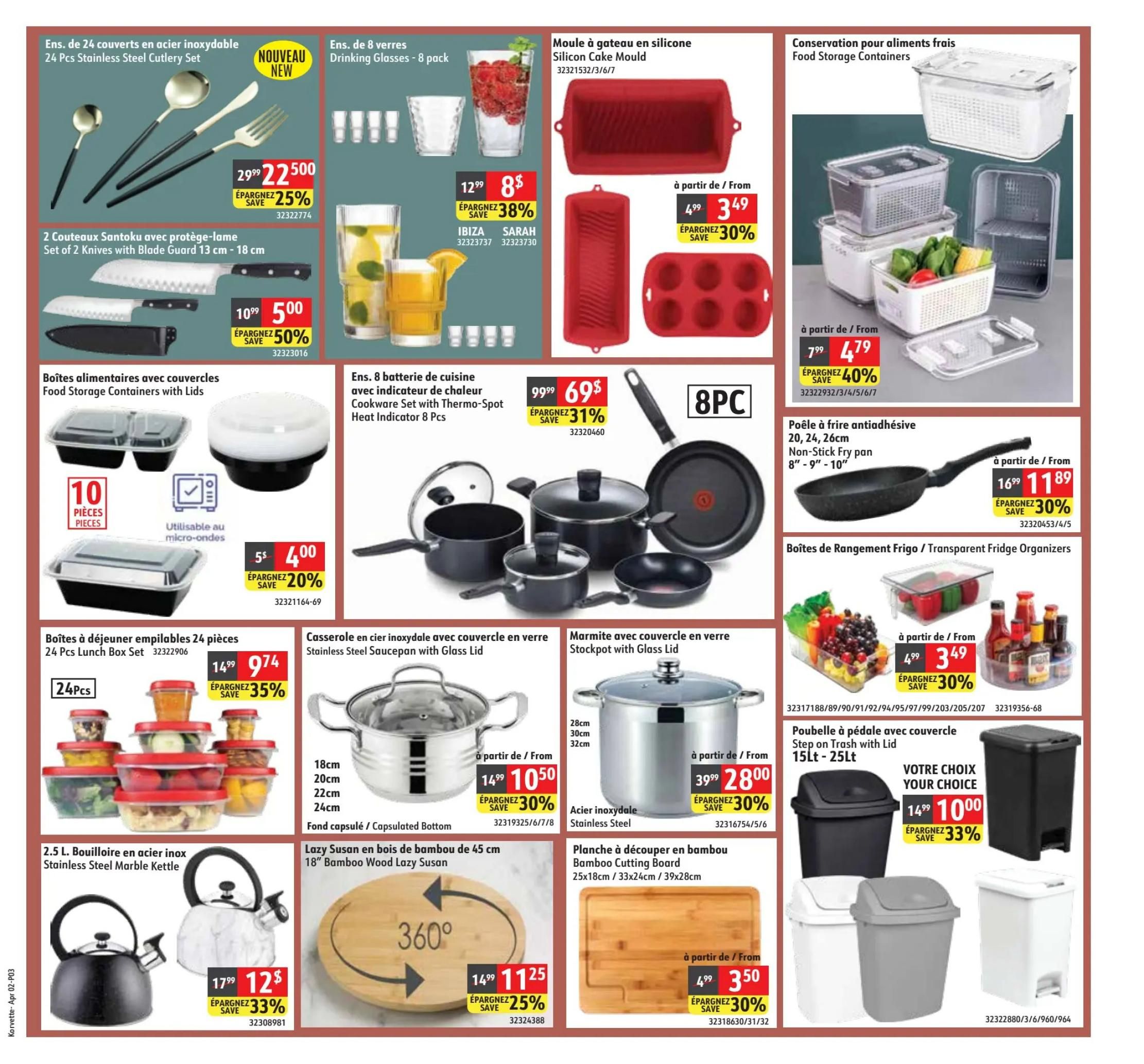 Korvette flyer page 3 features a 24-piece stainless steel cutlery set for $22.50, saving 25%. Also available are a 2-piece Santoku knife set with blade guard for $5.00, a 50% saving. Other kitchen items include 8 drinking glasses for $8.00, a silicone cake mould starting at $3.49, and food storage containers starting at $4.79 with a 40% saving. A new 8-piece cookware set with thermo-spot heat indicator is on sale for $69.00, saving 31%. Non-stick fry pans are available starting at $11.89, saving 30%. A 24-piece lunch box set is $9.74, saving 35%. Stainless steel saucepan with glass lid is $10.50, saving 30%. A stockpot with glass lid is $28.00, saving 30%. A 2.5L stainless steel marble kettle is $12.00, saving 33%. A bamboo lazy susan is $11.25, saving 25%. A bamboo cutting board is $3.50, saving 30%. Step-on trash cans with lids are $10.00, saving 33%.