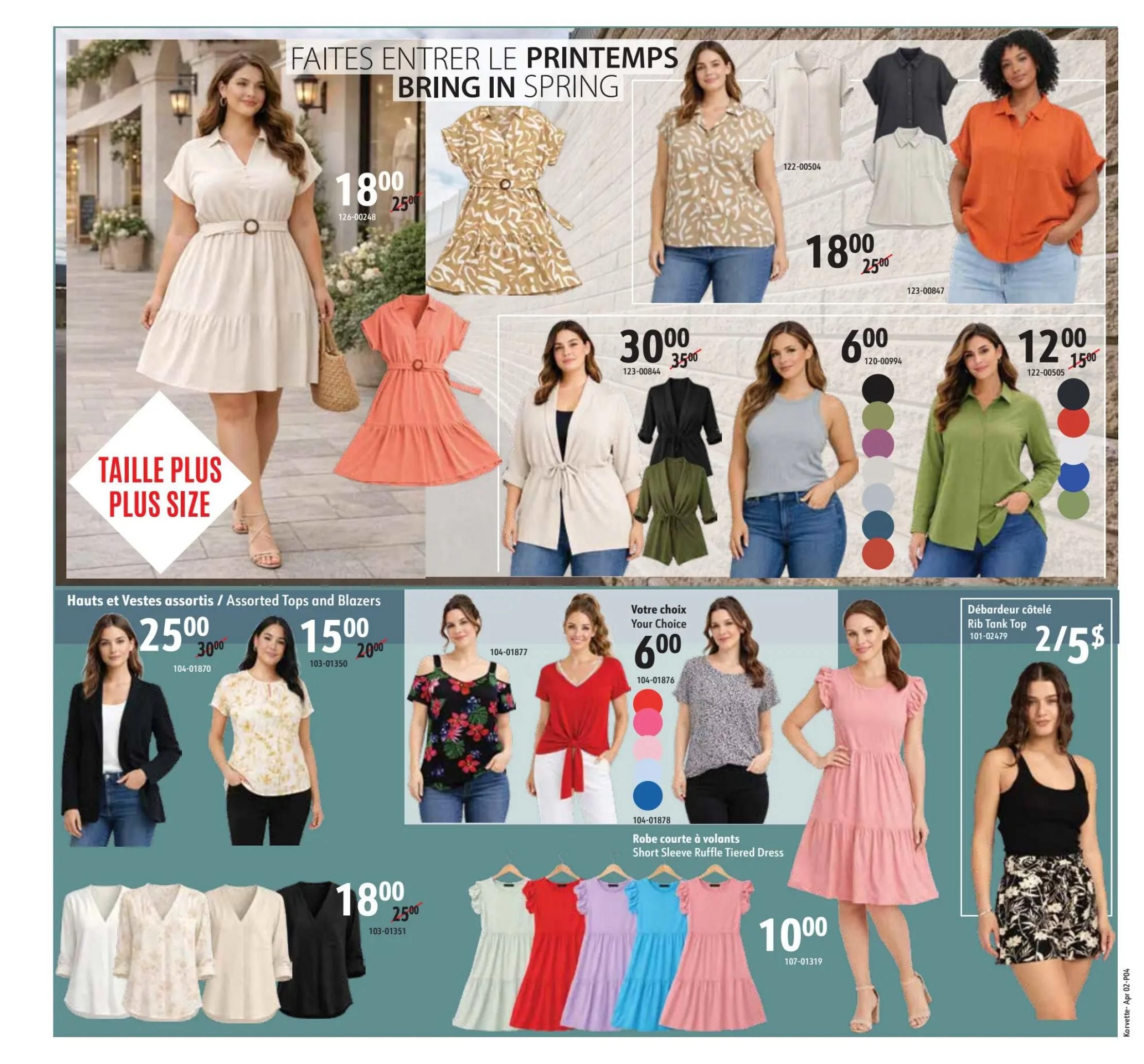 Korvette flyer page 4 features spring fashion. A beige belted dress is $18.00, down from $25.00. A patterned short-sleeve dress is $30.00, down from $35.00. Several women's tops are on sale: assorted tops and blazers are $25.00 (originally $30.00), and floral print tops are $15.00 (originally $20.00). A selection of women's tops are $6.00 each, including a grey tank top and a green button-up shirt. A ribbed tank top is 2 for $5. A short-sleeve tiered dress is $10.00. Plus size clothing is also featured.