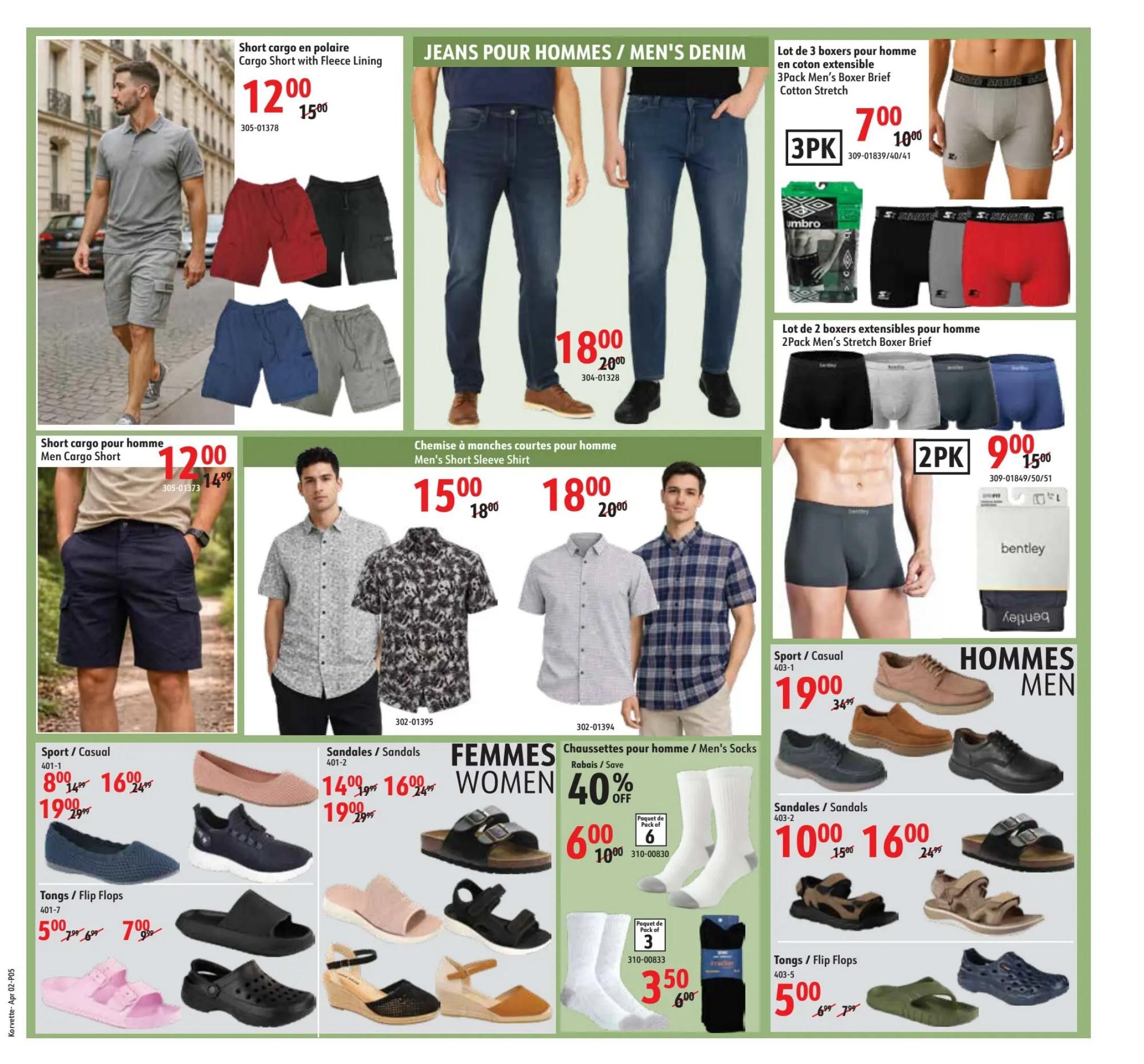 Korvette flyer page 5 features men's apparel and footwear. Top section includes Cargo Short with Fleece Lining for $12.00 (originally $15.00), men's denim jeans for $18.00 (originally $20.00), a 3-pack of men's boxer briefs for $7.00 (originally $10.00), and a 2-pack of men's stretch boxer briefs for $9.00 (originally $15.00). The middle section showcases men's short sleeve shirts for $15.00 (originally $18.00) and $18.00 (originally $20.00). Below are various footwear options: Sport/Casual shoes for $19.00 (originally $29.99), women's ballet flats for $14.00 (originally $16.00) and $19.00 (originally $29.99), sandals for $14.00 (originally $16.00) and $19.00 (originally $29.99), tongs/flip flops for $5.00 (originally $6.99) and $7.00 (originally $9.99). Also featured are men's sport/casual shoes for $19.00 (originally $34.99), sandals for $10.00 (originally $15.00) and $16.00 (originally $24.99), and tongs/flip flops for $5.00 (originally $6.99) and $7.00 (originally $7.99). Additionally, there's a 40% off sale on men's socks, with a pack of 6 for $6.00 (originally $10.00) and a pack of 3 for $3.50 (originally $6.00).
